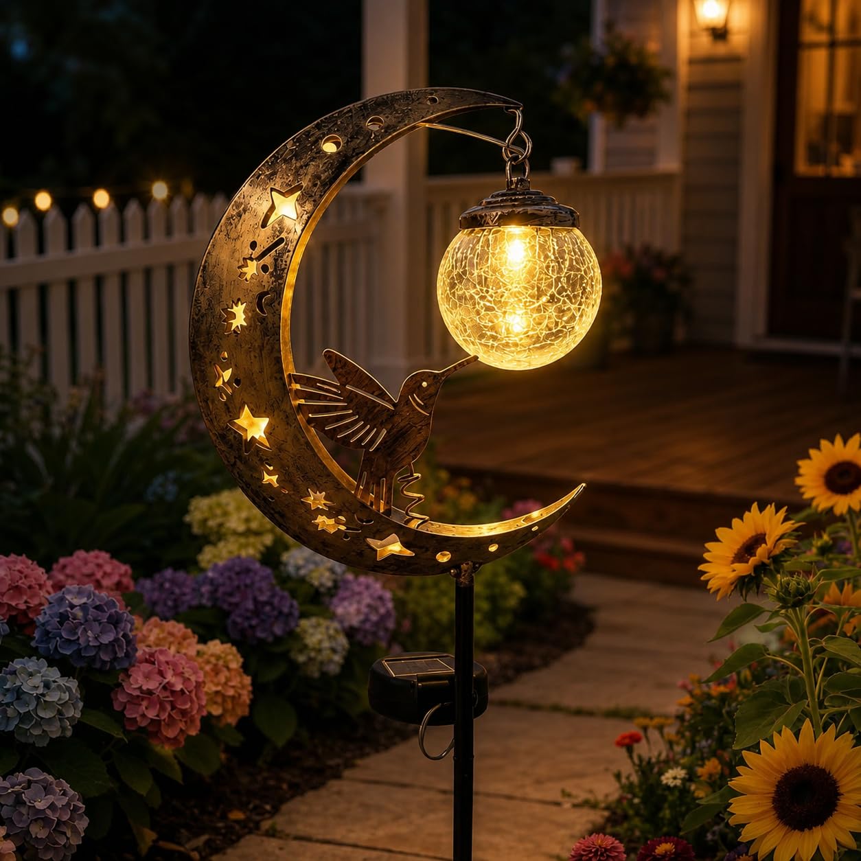 Hummingbird Moon Solar Garden Stake Light, Half Moon Solar Hummingbird Lights, Crackle Hanging Glass Ball, Waterproof Metal Stake LED Pathway Decor, for Outside Yard Patio Lawn Outdoor