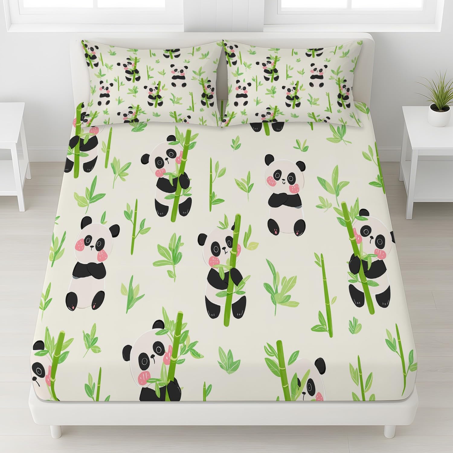 Cartoon Panda Spannbetttuch Süß Großer Panda Tiere Bambuswald Spannbettlaken 200 x 200 x 30 cm 3teilig Mikrofaser Bettwäsche Set mit 2 Kissenbezüge 80 x 80 cm Kein Flachbettlaken