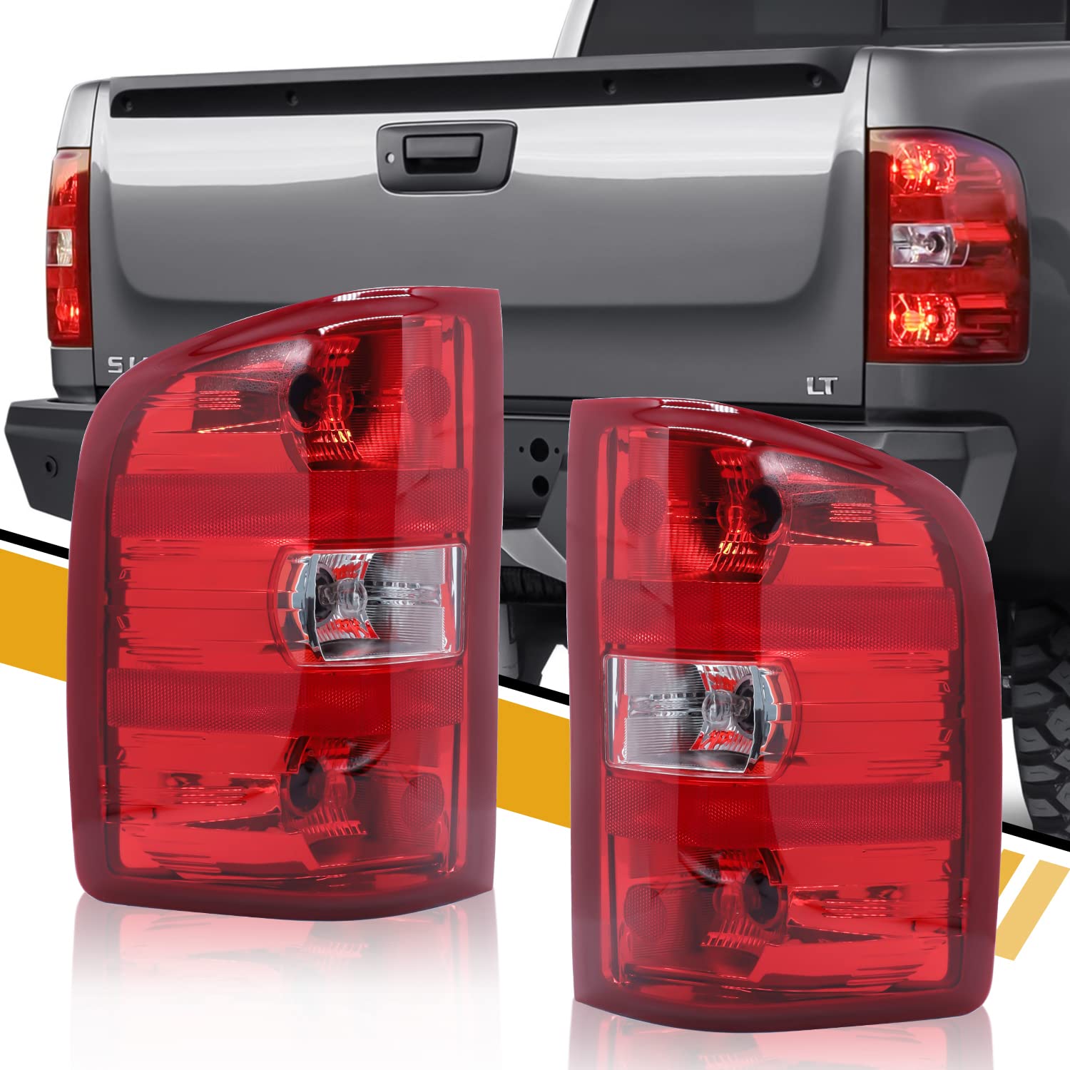 CLERYYE Tail Light Assembly Compatible with Chevrolet Silverado 07-13 1500 | 07-14 2500HD 3500HD, OE-Style Replaces 25958482 25958483, w/Bulb & Harness, Left and Right Side, Red Border Pair
