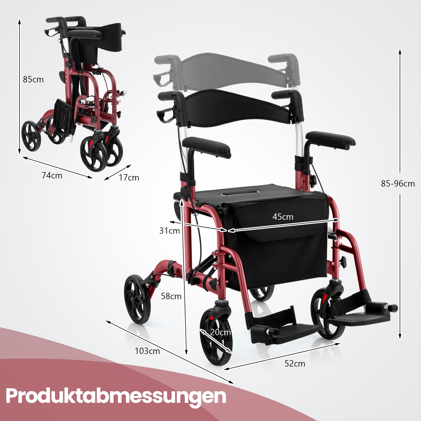 RELAX4LIFE Andador 2 en 1 plegable y ligero con asiento, 6 alturas ajustables para personas mayores, silla de ruedas de aluminio con reposapiés y bolsa, frenos dobles y soporte para bastones, hasta
