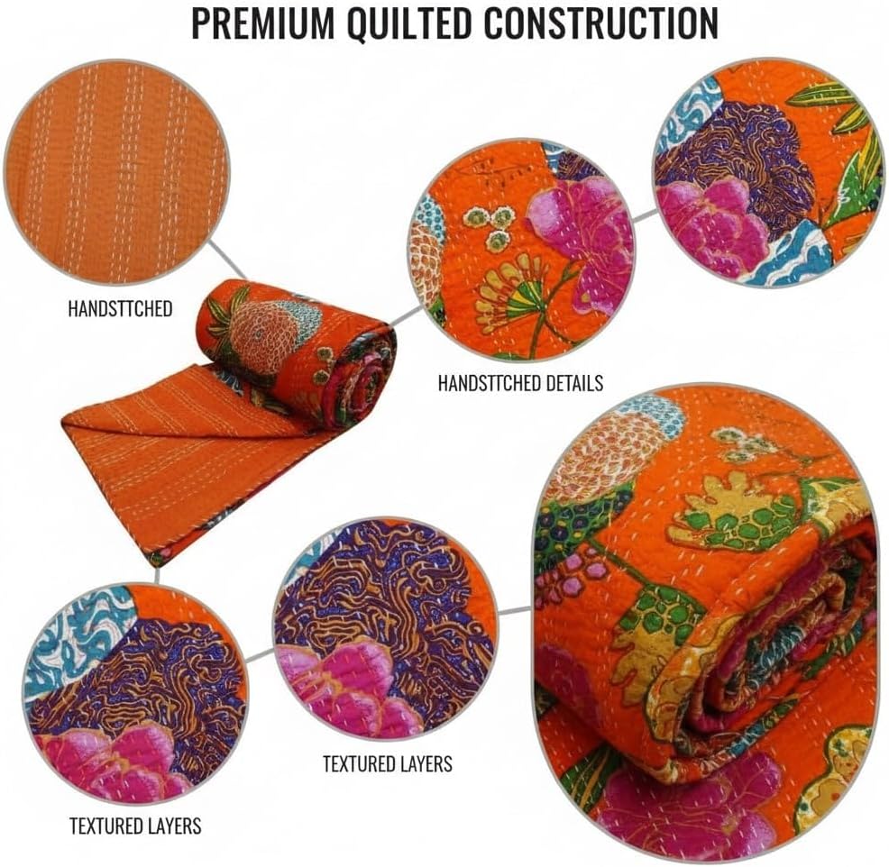 Handmade Cotton Kantha Quilt - Reversible Bedspread with Floral & Fruit Pattern, Traditional Indian Gudri, Orange 90x108 inch, Decorative Kantha Stitch, Pure Cotton, Twin/King Size