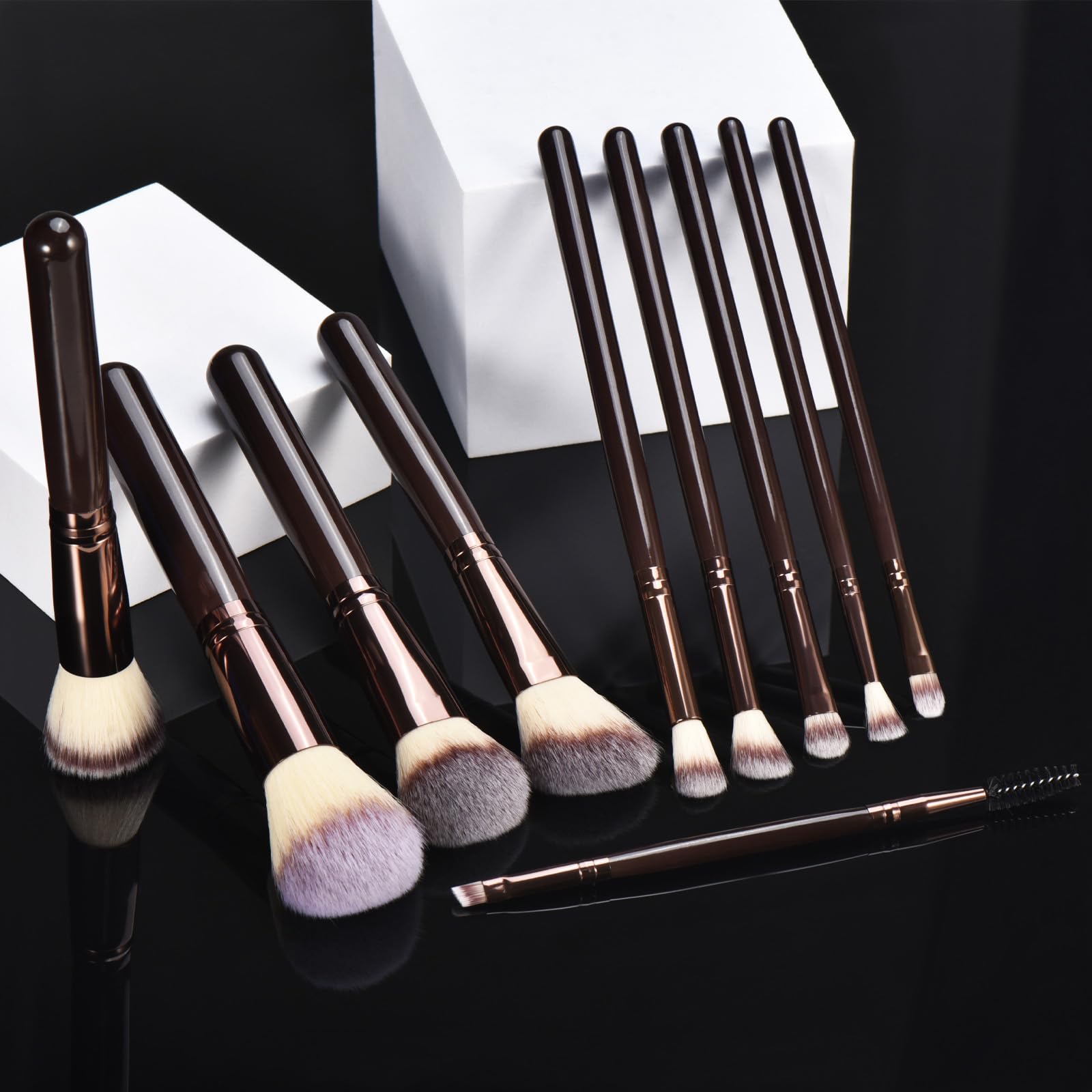 10 schwarze Make-up-Pinsel aus Kaffeeholz, Premium-Kunsthaar, Foundation-Pinsel, loses Puder, Rouge, Lidschatten, Augenbrauenpinsel-Set