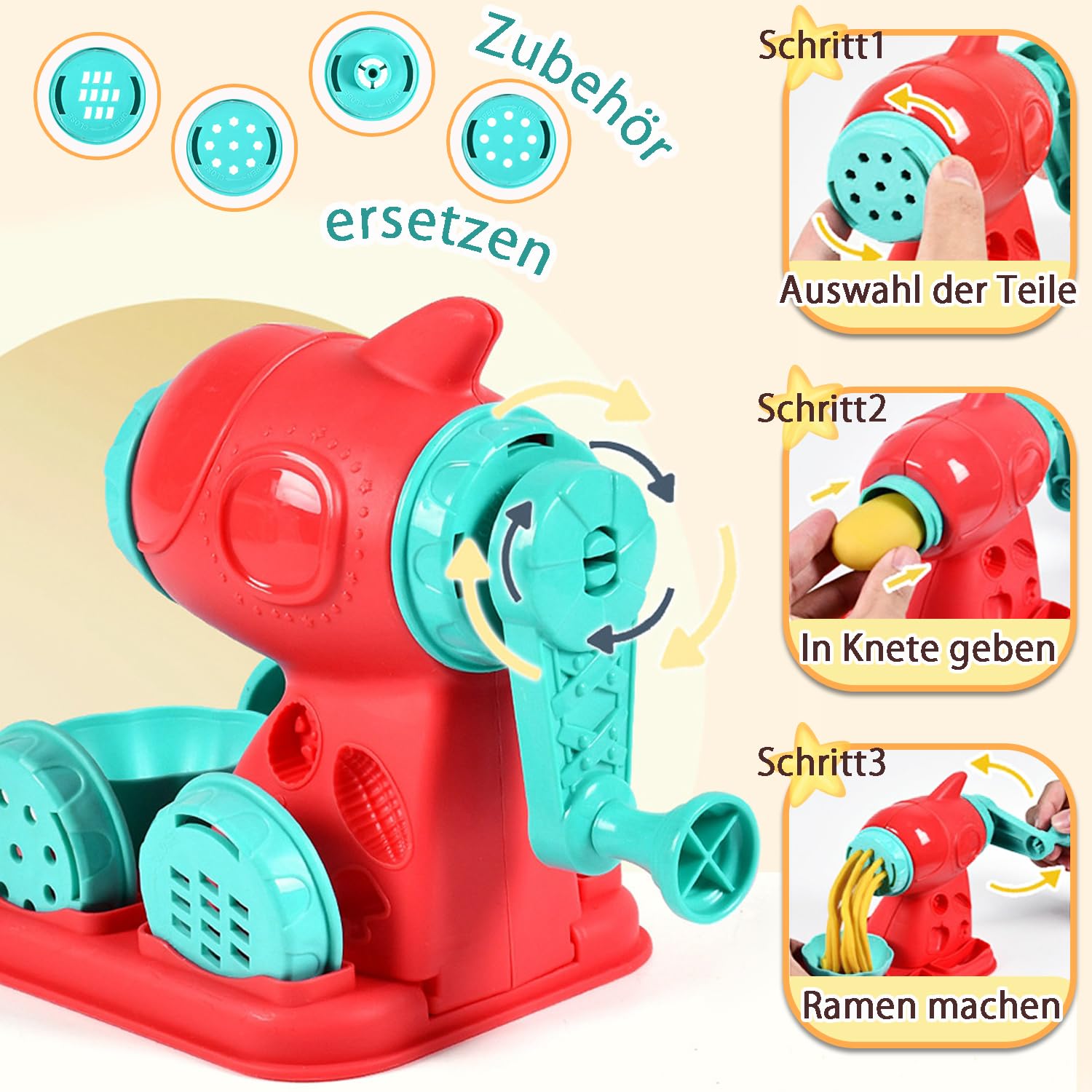 VBACALA 3-in-1 Knete Set Kinder 51 Stück, Knetmaschine für Eiscreme, Nudeln & Burger, mit 12 Dosen Knetmasse, Knetspielzeug mit Formen & Zubehör, Kreatives Geschenk für Kinder ab 3 Jahren