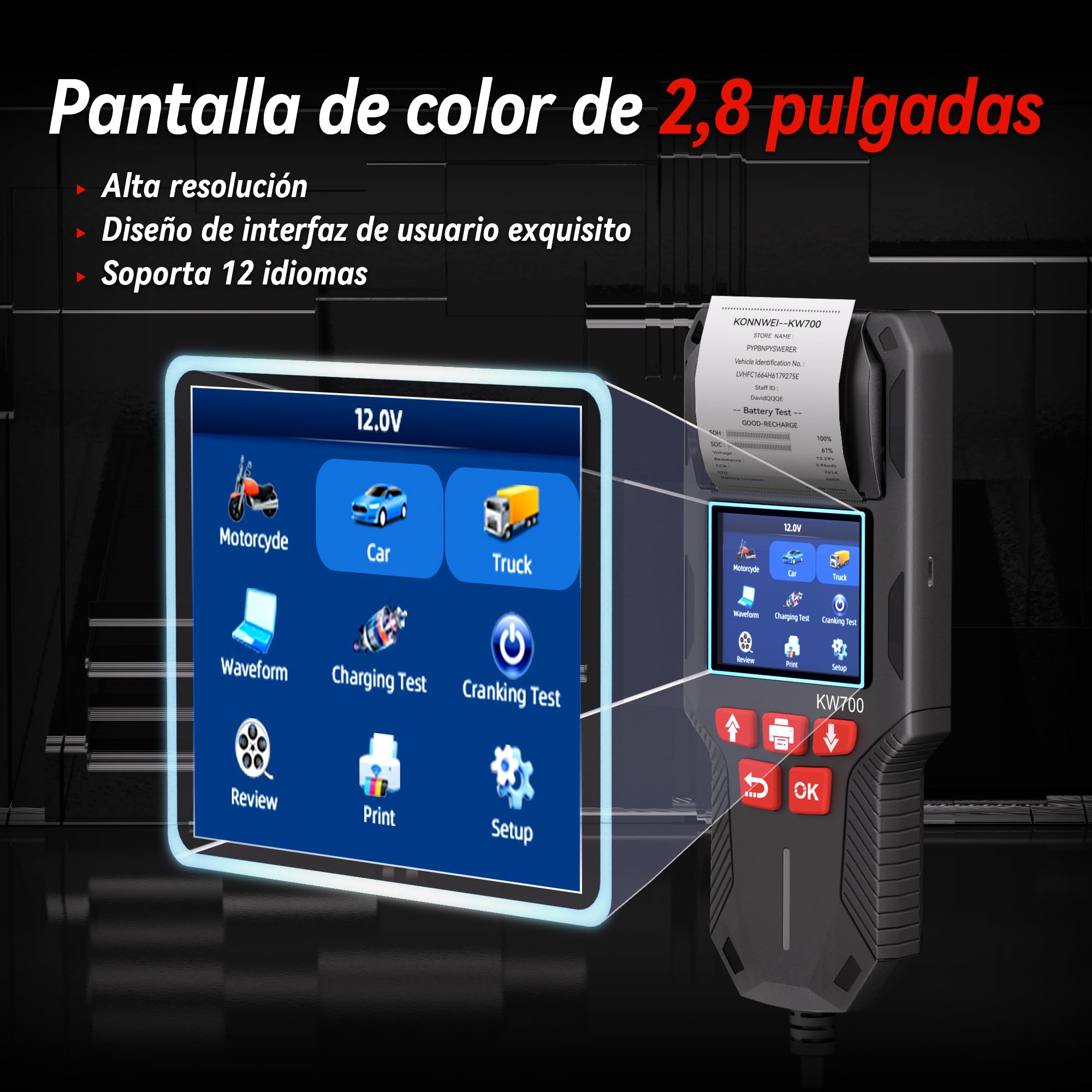 KONNWEI Comprobador de batería de coche con impresora 12 V 24 V, prueba de arranque y carga, 100-2000 CCA, analizador de batería para coche, camión, motocicleta (papel incluido)