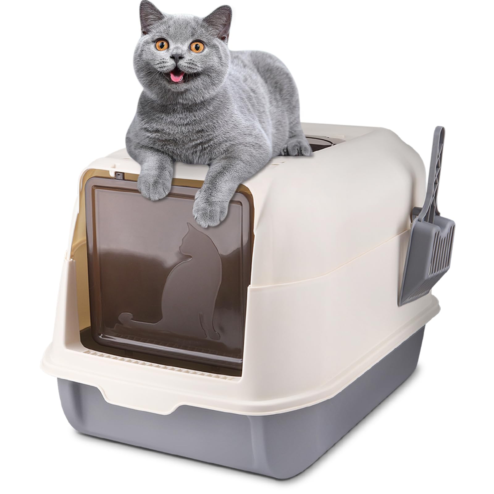 OHMG Lettiera per gatti con coperchio + accessori inclusi pala e tappetino, lettiera chiusa per gatti, grande, Lettiera XXL per Gatti, vassoio estraibile (cenere, 36 x 51 x 34 cm)