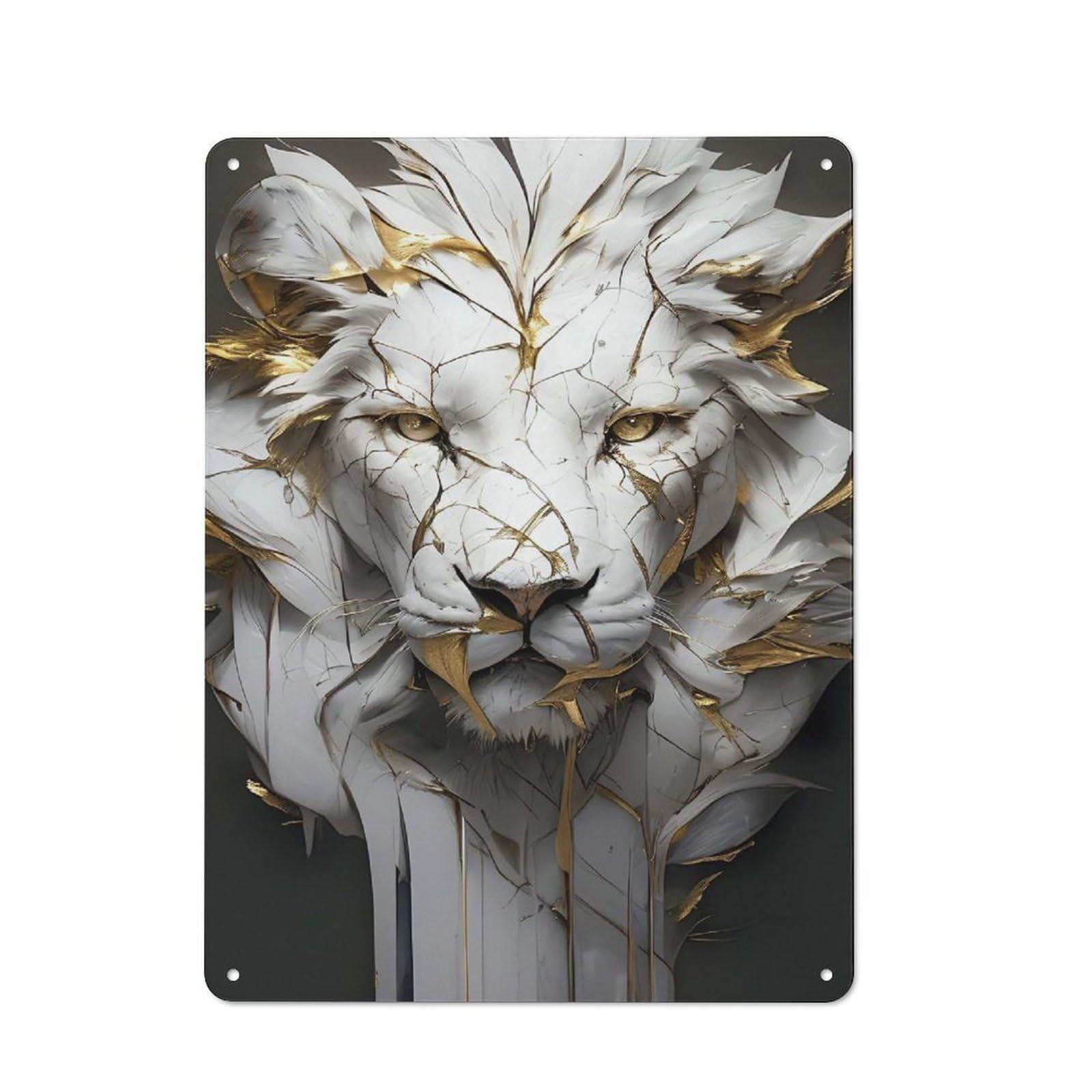 Junmoney Style-18 Cracked White Lion Sculpture With Gold Accents Rustic Metal Wall Sign 40X30cm For Workshop Wall, Suited To Makers And Diy Enthusiasts