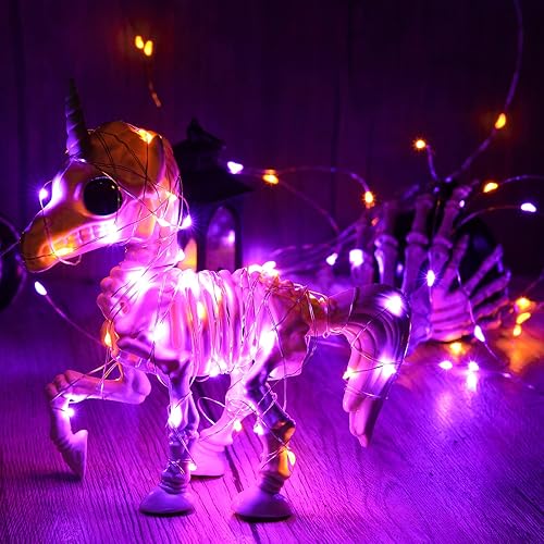 Miniatura 7 de Joomer Paquete de 2 luces de Halloween naranjas y moradas, 16.4 pies, 50 LED, 2 modos, luces parpadeantes que funcionan con pilas para decoraciones