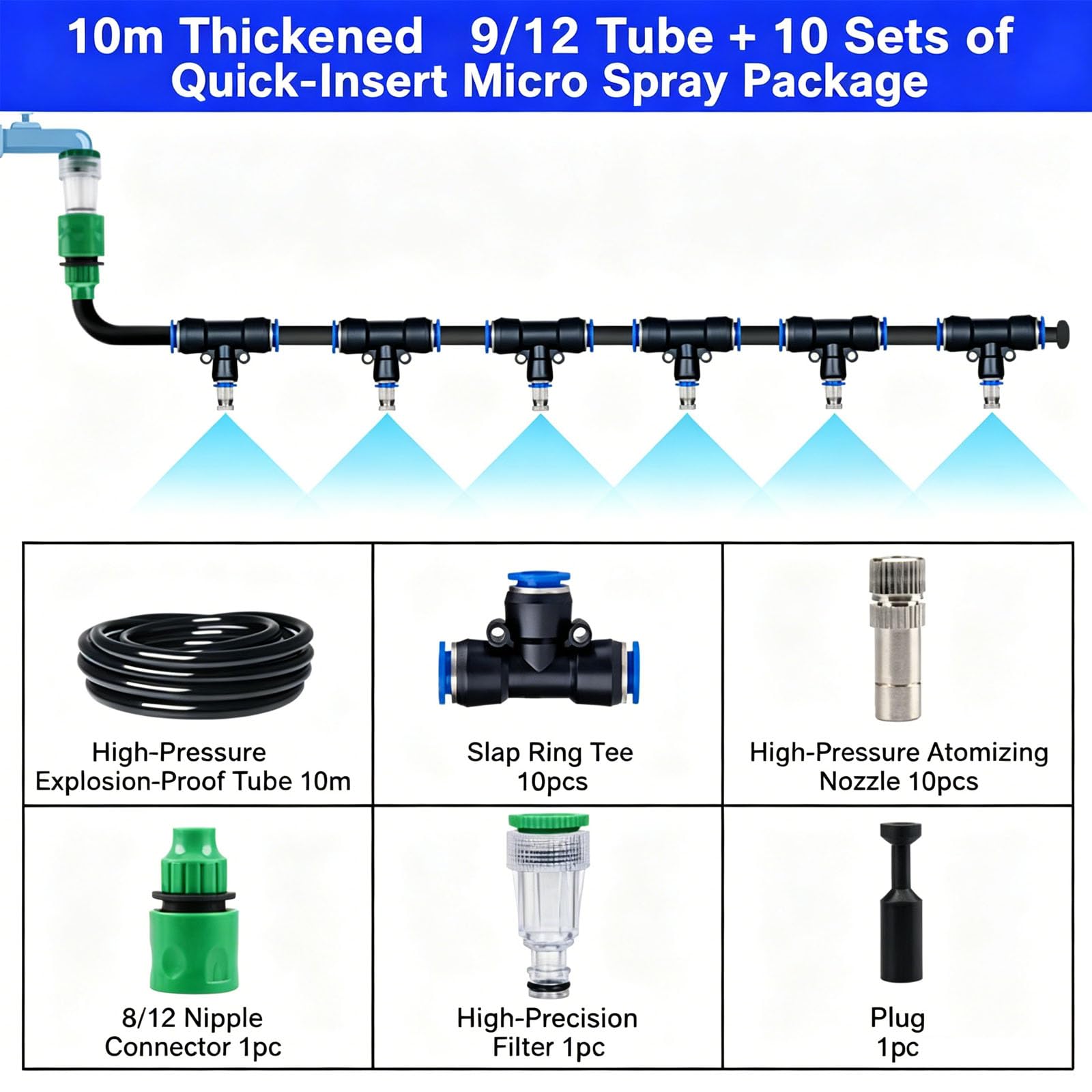Bewässerungssystem-Set, Tropfbewässerungssystem, automatisches Bewässerungssystem, Mikro-Tropfbewässerungsset mit verstellbarem Düsensprühgerä Schwarz 10m 912 pipe + 10 sets of quick-connect fittings