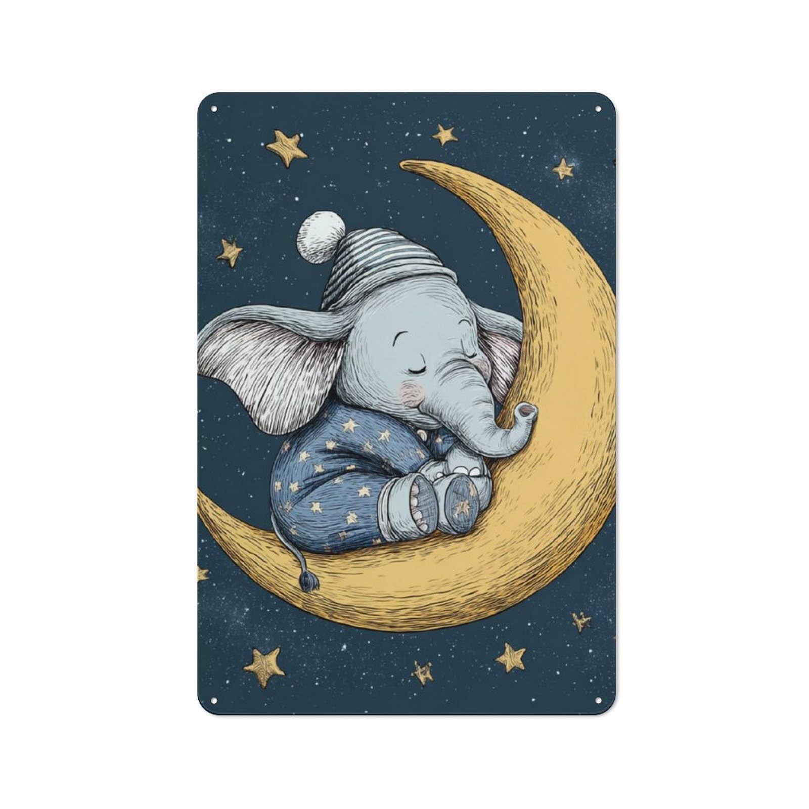 Junmoney Cute Elephant On Crescent Moon Rustic Tin Sign 30X20cm For Home Bar Wall, For Home Interiors, Feature Walls And Decorative Displays