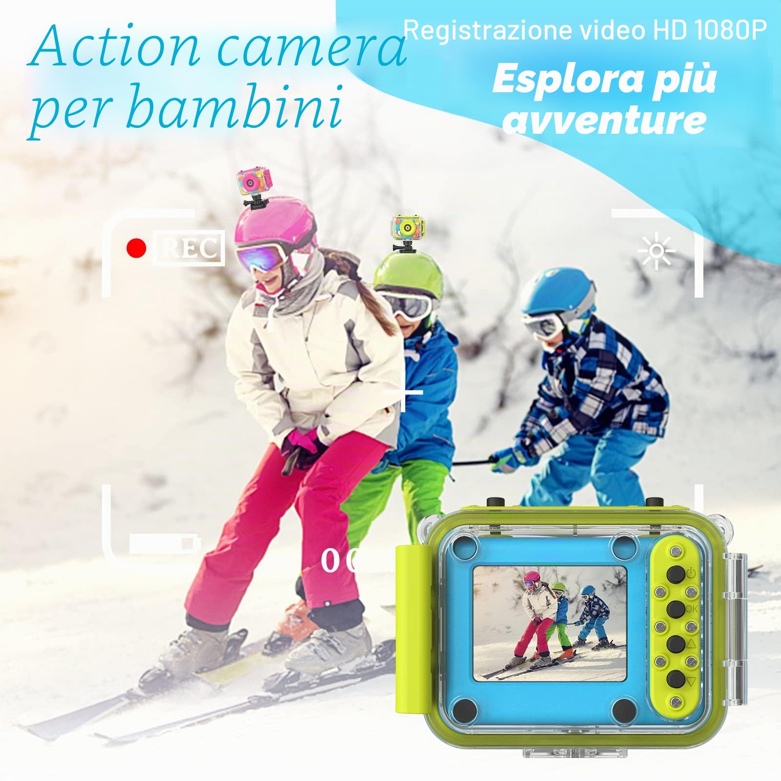 Ushining Fotocamera Impermeabile per Bambini, Macchina Fotografica Digitale Subacquea, HD 1080P Videocamera con 2,0 Pollici Schermo 32GB TF Scheda, Regalo per Ragazzi, Blu