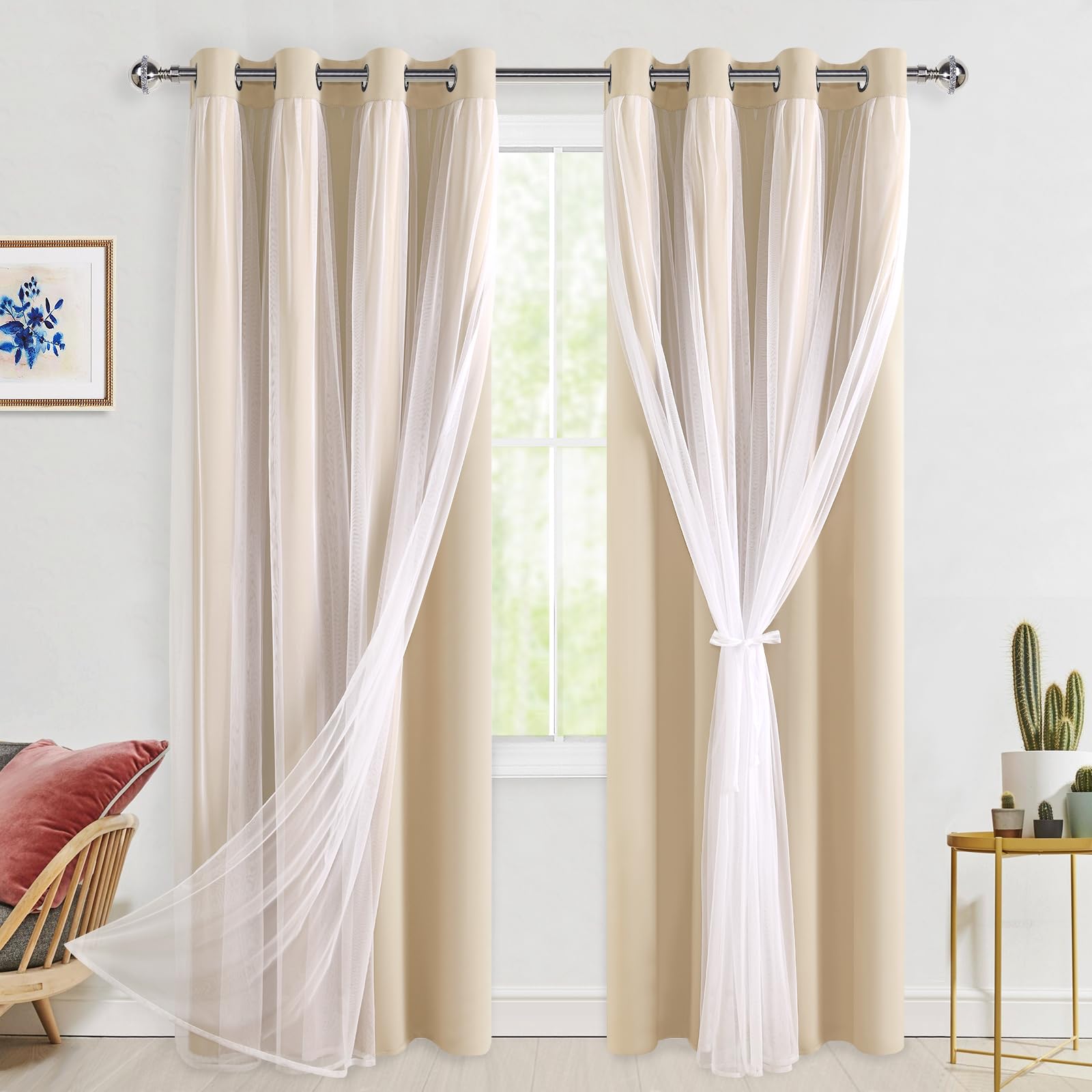 Hiasan Verdunkelungsvorhänge mit durchscheinender Overlay, wärmeisoliert, Mix & Match, doppellagig, Verdunkelungsvorhänge für Schlafzimmer, Wohnzimmer, Kinderzimmer, Beige, 52 Bx84 L — image 1