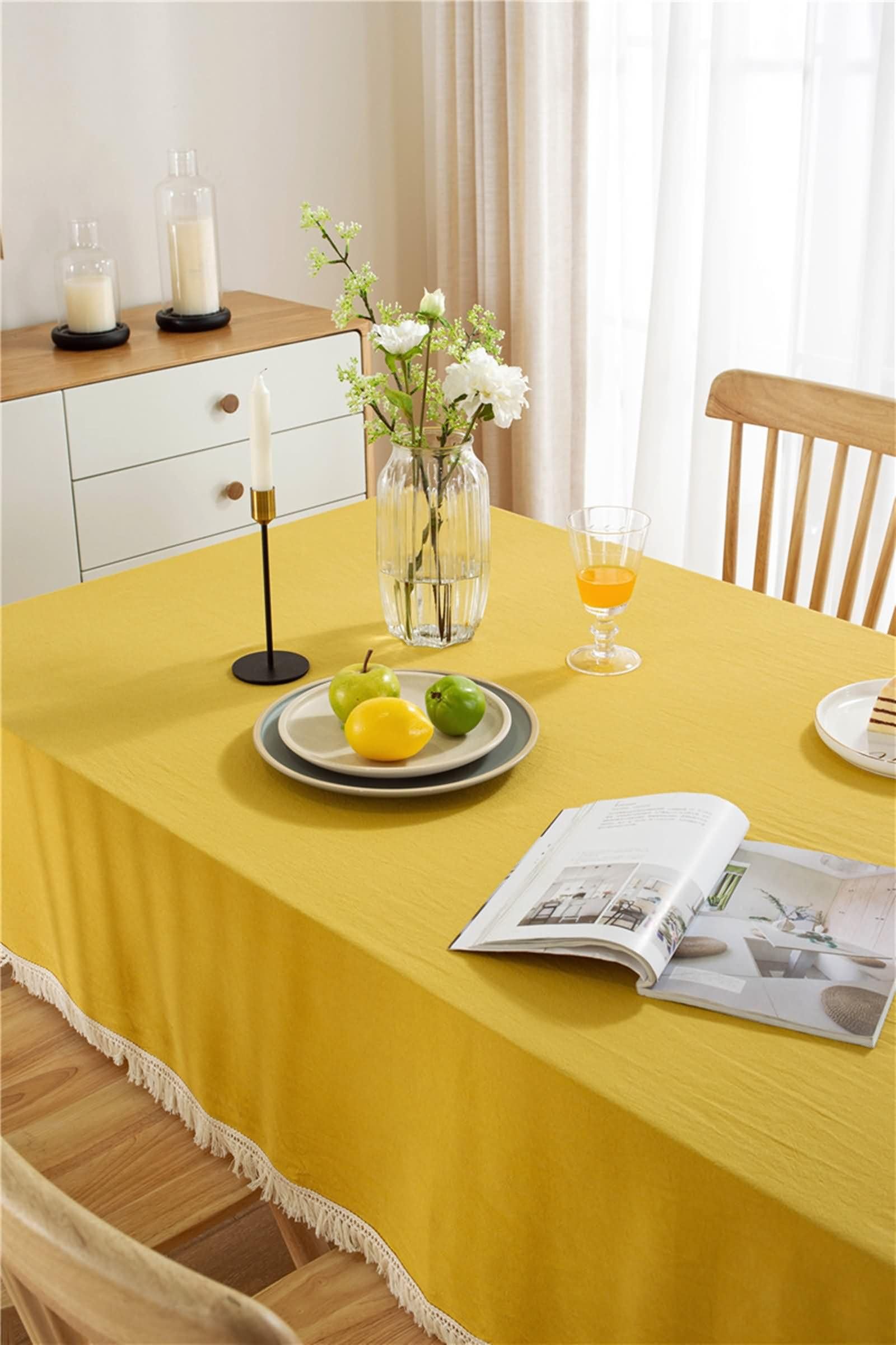 Mantel Rectangular Amarillo, Color Sólido con Borlas, de Algodón Suave, 140 x 250 cm, Mantel para Comedor y Cocina