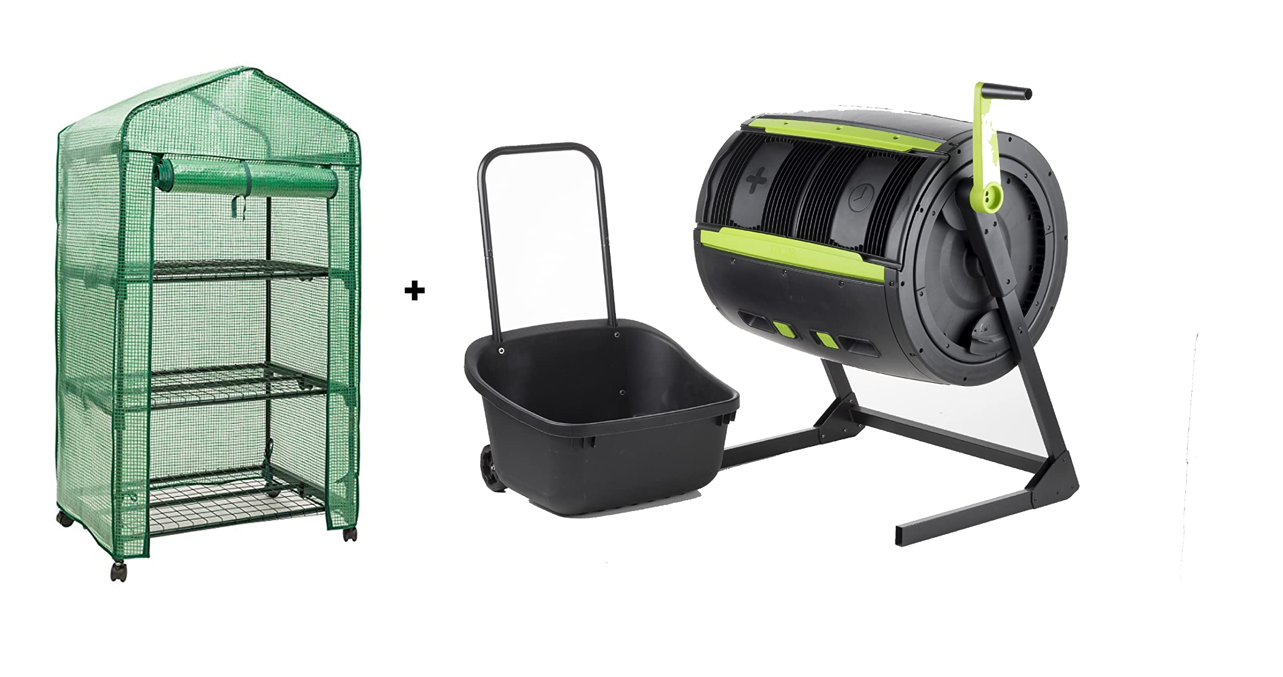 Amazon Exclusive Combo- Maze 65 GallDual Chamber Compost Tumbler with Large Double Door and Open Base and Comes with Maze Compost Cart, and 3 Tier Portable Grow Rack with Green Cover
