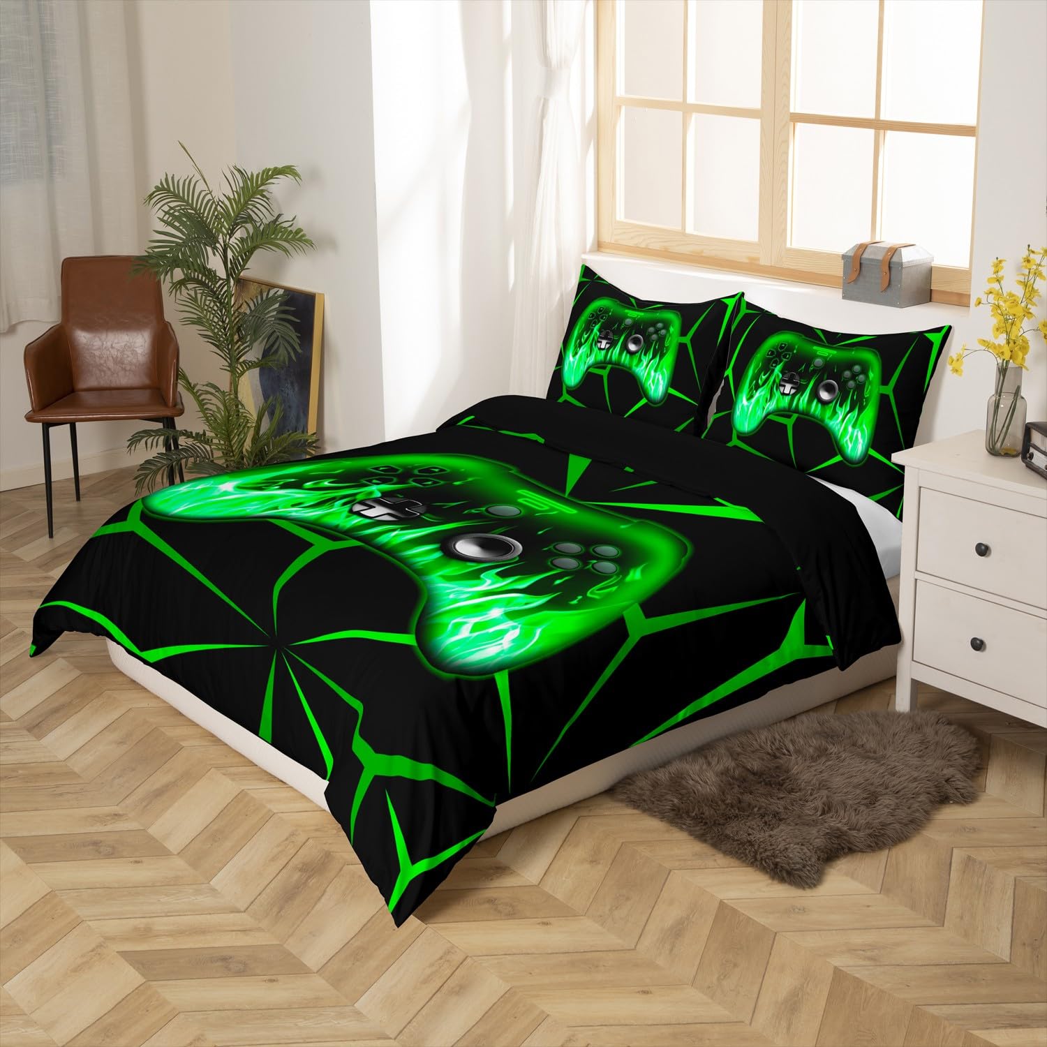 Homemissing Kids Gamer Duvet Cover Set,3D Video Gaming Bedding Set Single Size for Teens Boys,Green and Black Game Console Comforter Cover,Geometric Game Contoller Bedclothes - Image 3