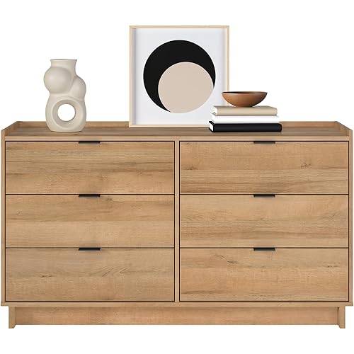 Prepac Simply Modern 6-Drawer Double Dresser for Bedroom, Chest of Drawers, Modern Bedroom Furniture, 52.5” Wide x 16” deep x 29.5” Tall, Oak