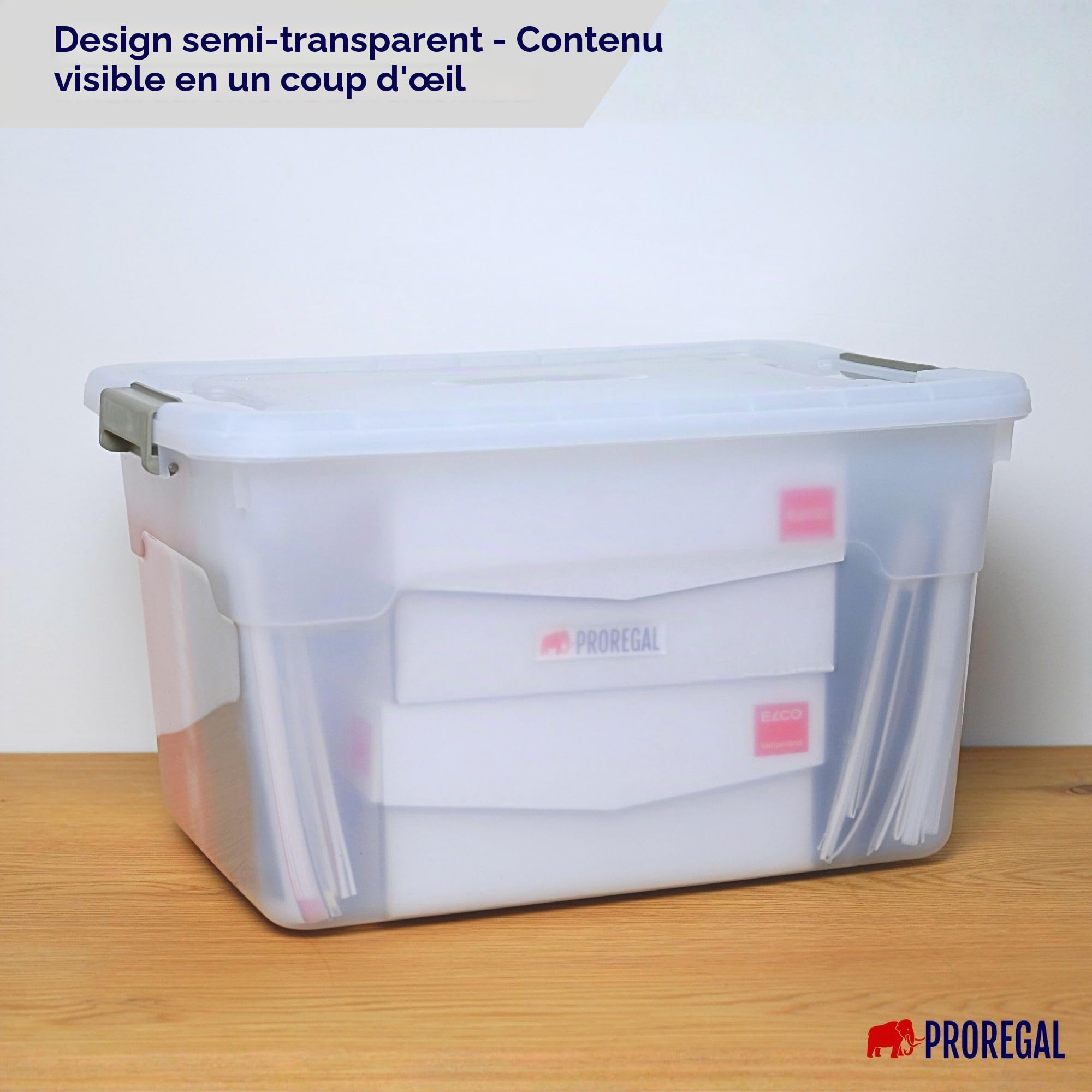 PROREGAL Boîte de rangement avec couvercle 45L en lot de 6, grande, roulettes, en plastique transparente empilable, clips de fermeture, conteneur de stockage pour la cuisine et le ménage