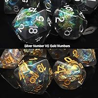 Vista 2 de Haxtec DND Conjunto de Dados 7 Piezas Conjunto de Dados de Resina Negro con Inclusión de Mylar Iridiscente Dados Poliédricos D&D