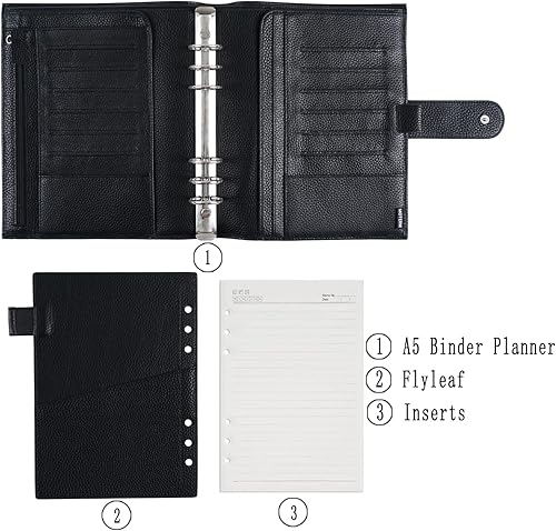 Miniatura 2 de Moterm Planificador de anillos A5 Luxe  Organizador de carpeta de cuero genuino (Pebble-Black, anillo de 1.181 in)