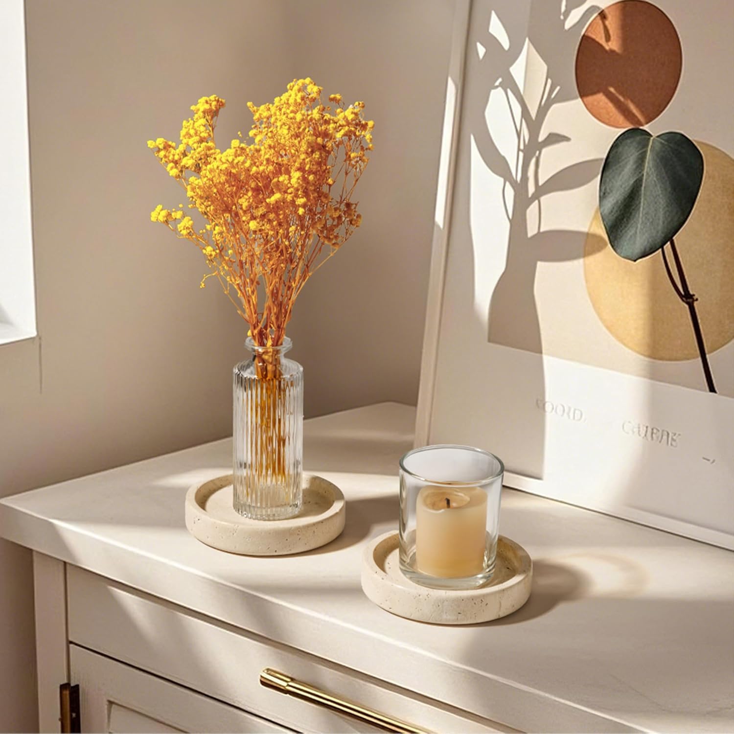 Portacandele in marmo, elegante portacandela, diametro 16 cm, beige | Vassoio decorativo fatto a mano in marmo per matrimonio, candele a colonna, candele comunione e cresima (WH063)