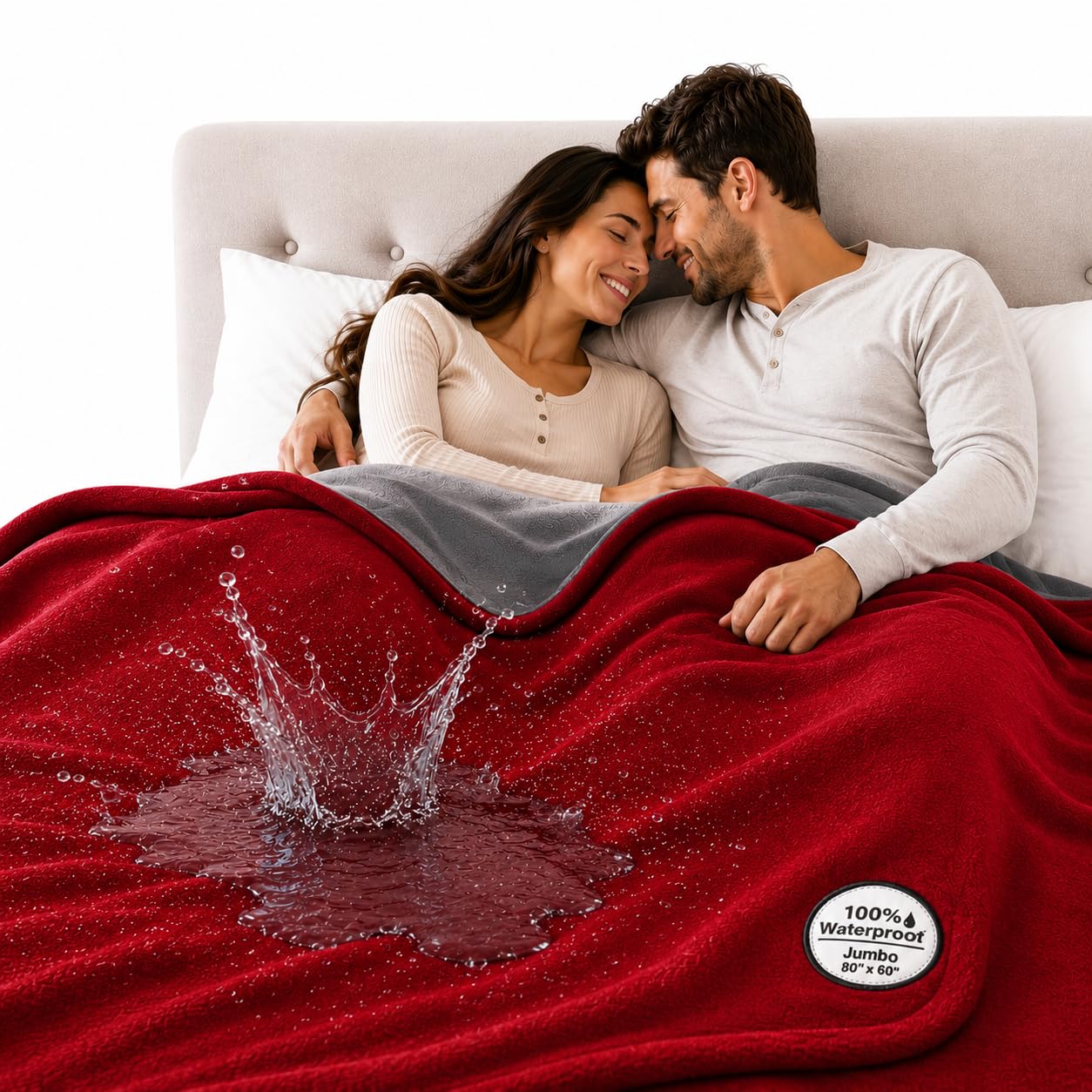 TOP 100% Waterproof Blanket Red/Grey Jumbo 80x60 for Adults and Pets. Everything Dry No Matter How Wet It Gets! Ultra-Soft, Noiseless, Leakproof. Bed, Mattress, Furniture Protector. EZ Wash/Dry — image 1