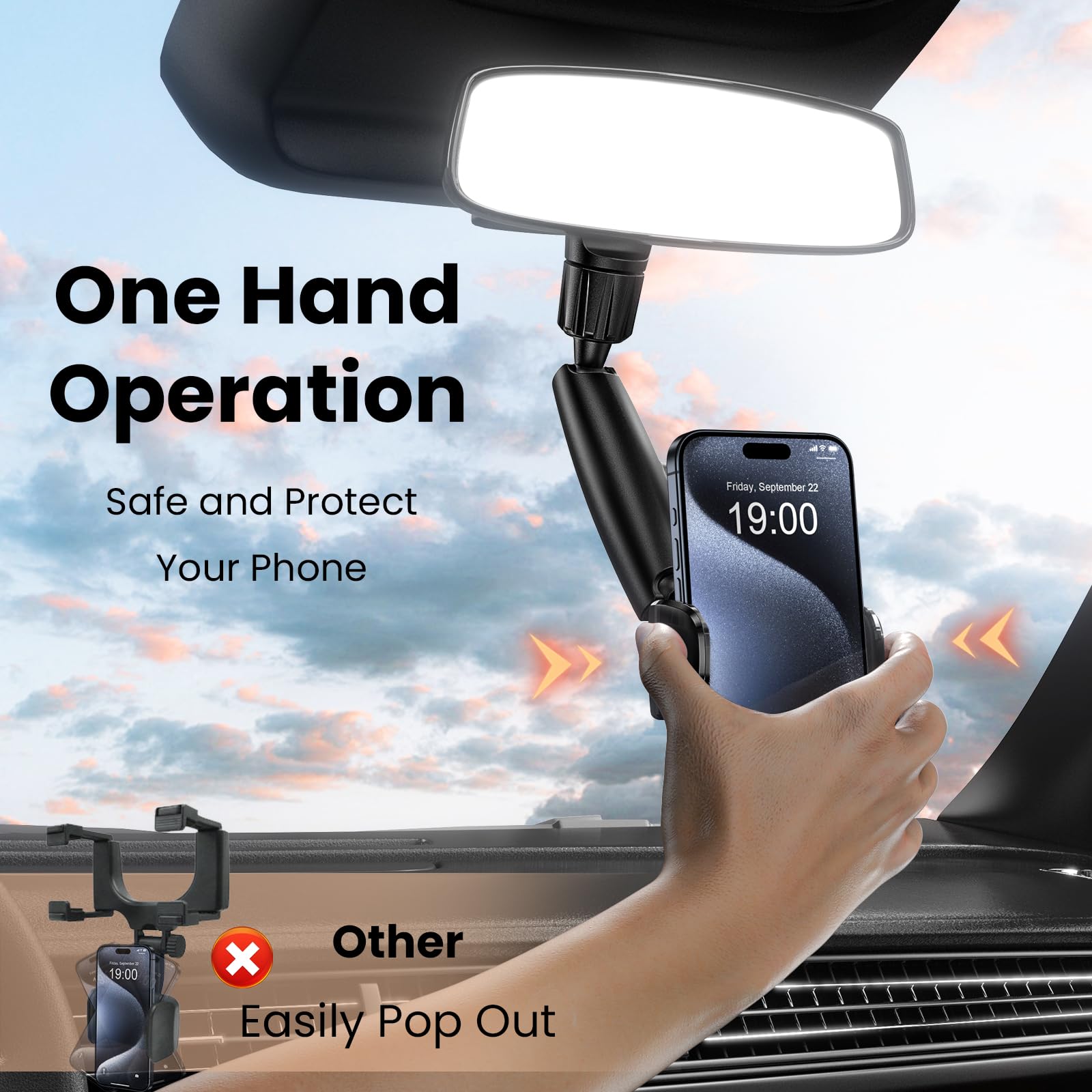 Soporte para teléfono de Coche, Espejo retrovisor, Soporte Giratorio de 360°, Compatible con Todos los teléfonos celulares iPhone y Android de 4 a 7 Pulgadas