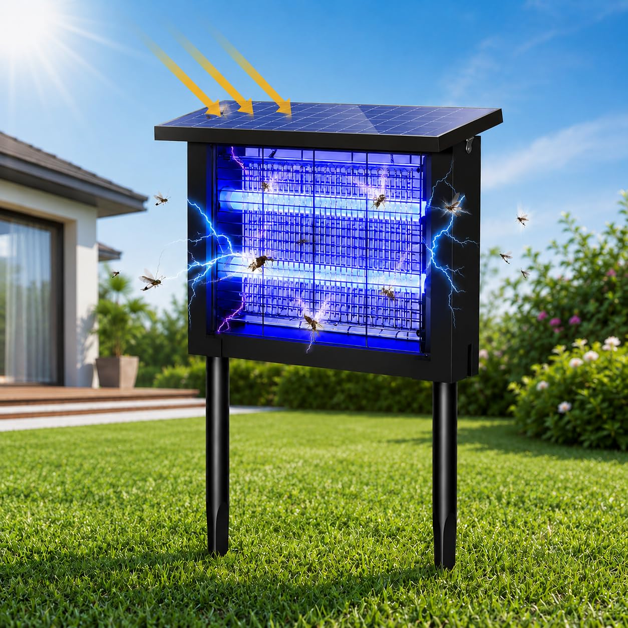 Antimosquitos Exterior,Lampara Antimosquitos Solar, Batería 3600 mAh Doble Tubo LED,Impermeable IPX5, se Puede Colgar o Insertar en el Suelo, para Jardín, Césped y Terraza