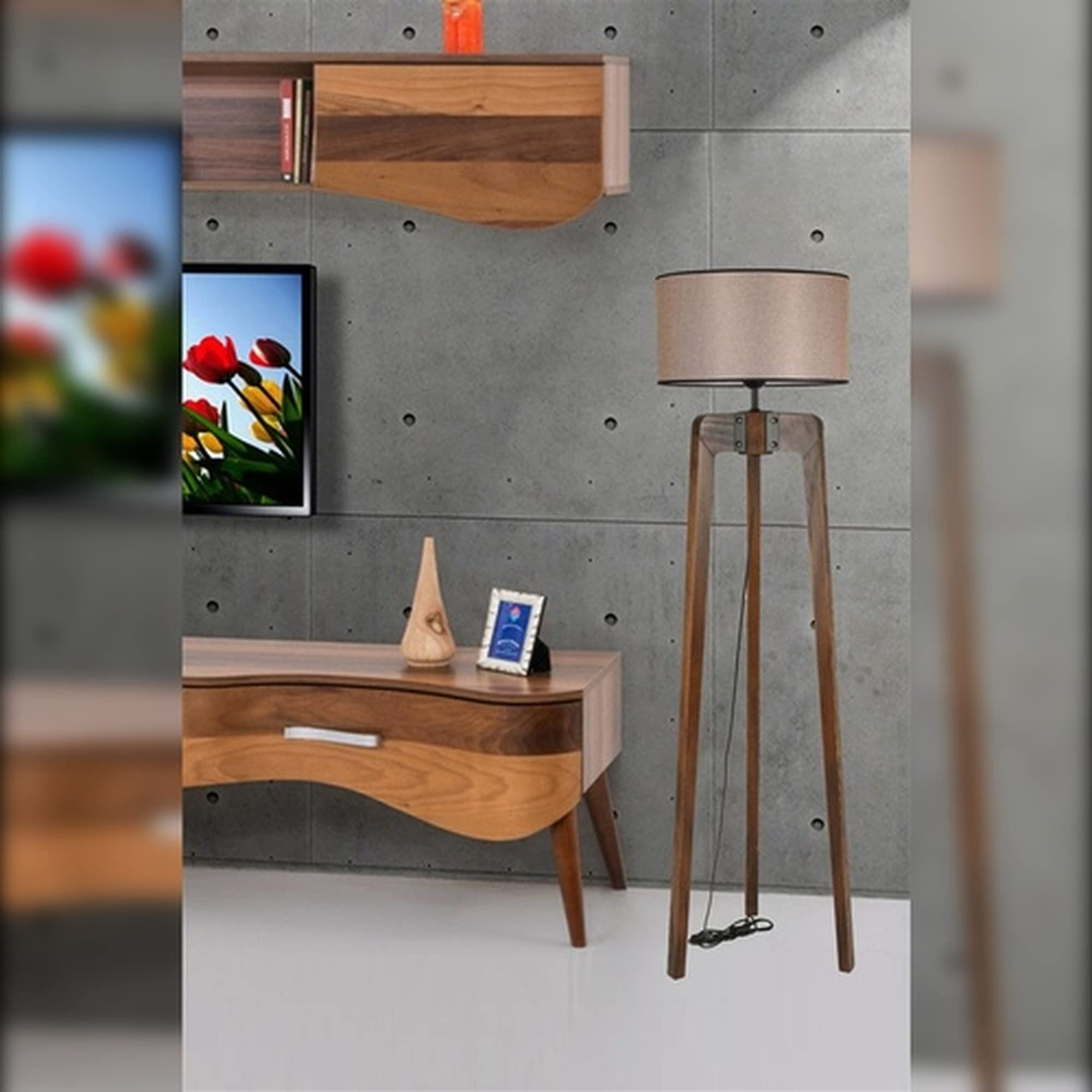 LÁMPARA DE PIE PANTALLA RECTA CON FIR WOOD BODY, NOGAL BEIGE, COLECCIÓN TANGANICA, 45X45X170, CASQUILLO E 27 MAX 60 W