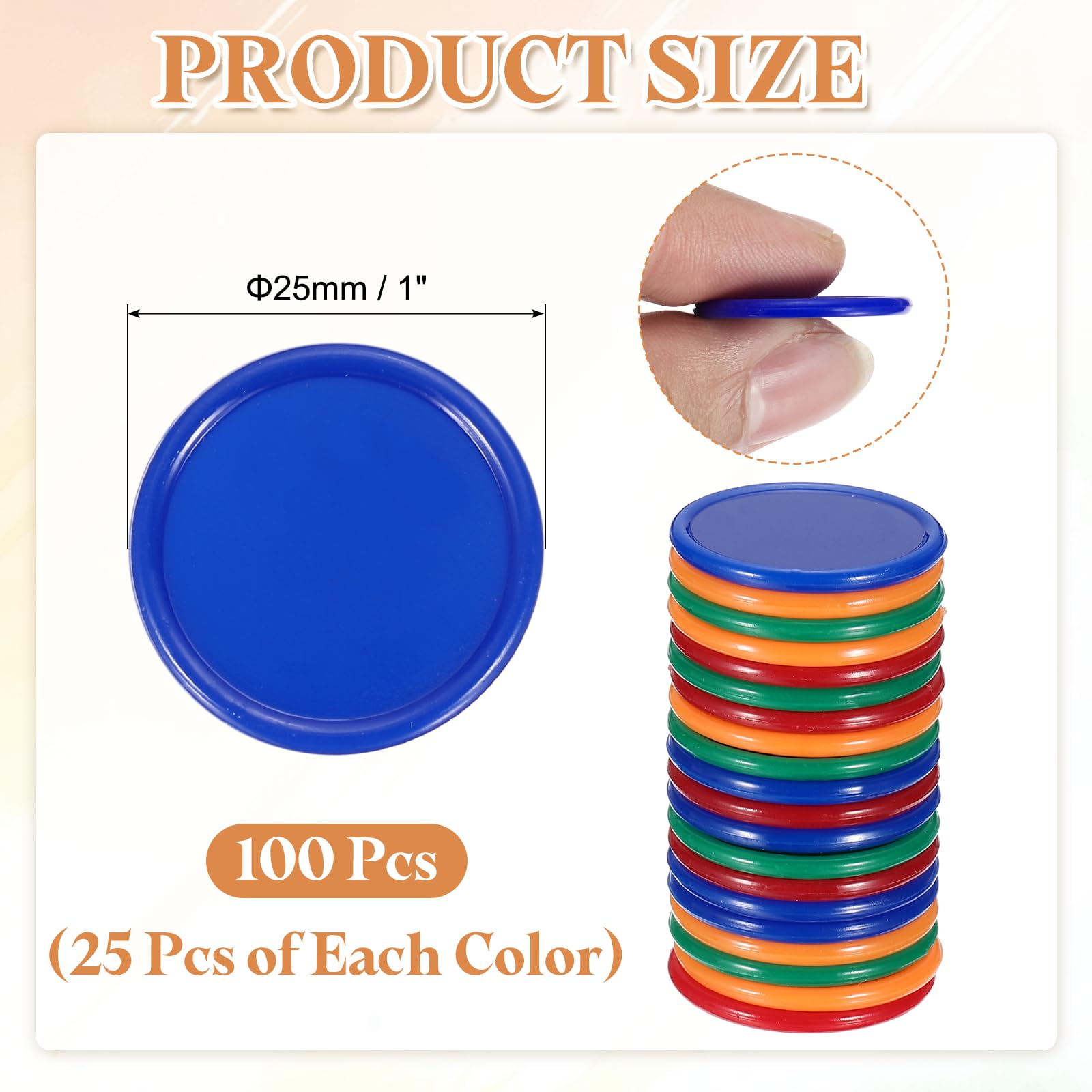 QUARKZMAN 100Pezzi Fiche Di Plastica Da 1 Pollice, Mini Fiche Bingo Segnapunti Contatori Dischetti Segnalini Opachi Gettoni Per Giochi Conteggio Matematico, Arancione/Blu/Verde/Rosso