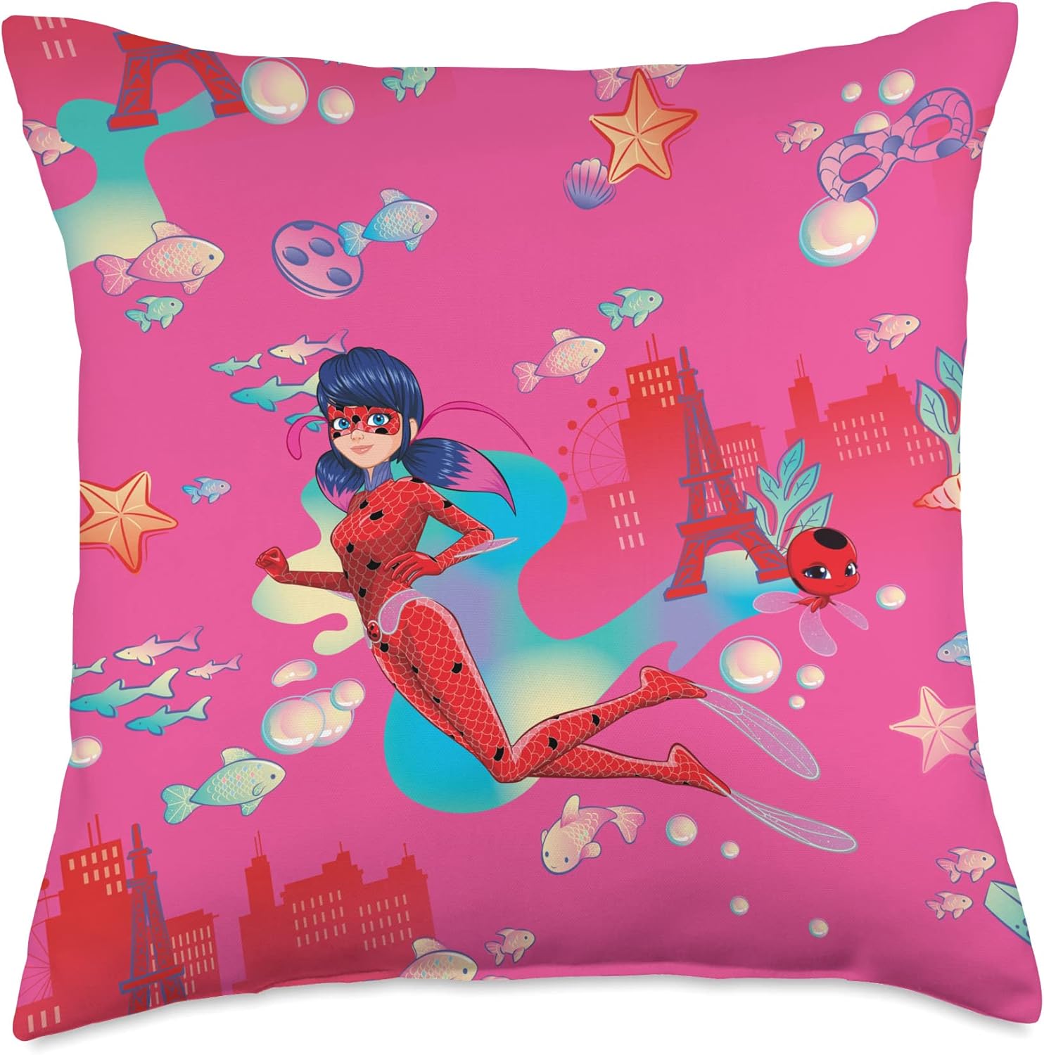Miraculous Ladybug Summer Aqua Pattern Pink Throw Pillow
