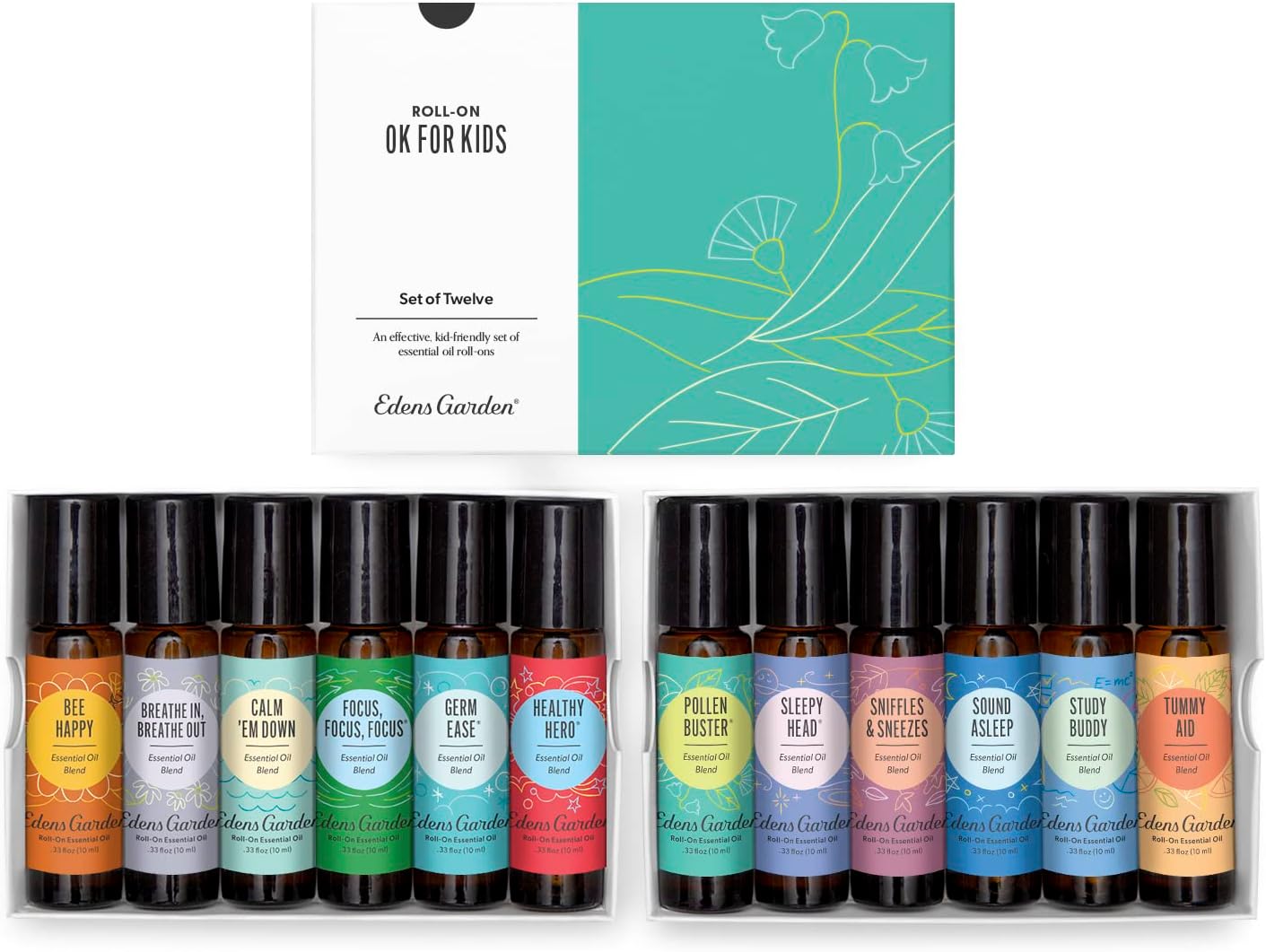 Edens Garden OK For Kids Essential Oils Roll-On 12 Set – 100% Pure Therapeutic Grade, Pre-Diluted Aromatherapy Blends for Calming & Gentle Skin Care – Natural & Family Friendly, Roll-On 10 ml/ 12 Pack