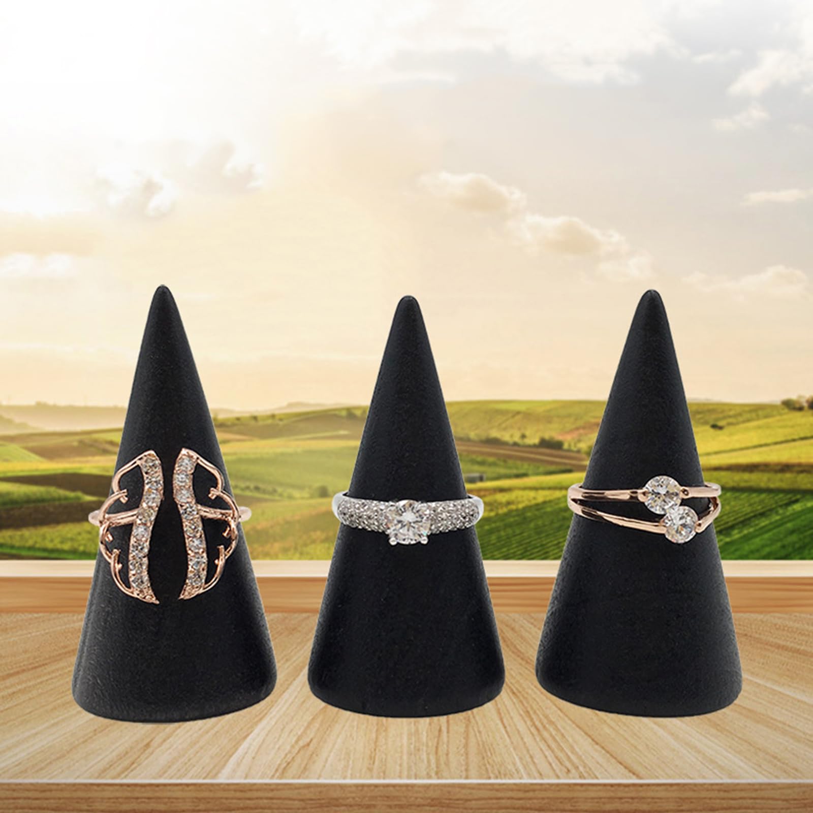 COPLKY Ring Display Stand 5Pcs Wood Rings Holder Cone Shape Rings Stand Jewelry Display Rack for Business Photoshoot Room Decoration