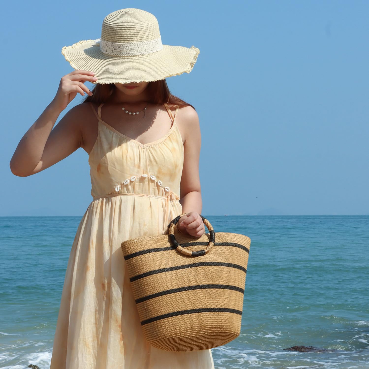 EVEOUT Borsa Tote in paglia per Donna Borsa a Cesto da Spiaggia Intrecciata Estiva Borsa a mano in Rafia a Righe per Vacanze Viaggio