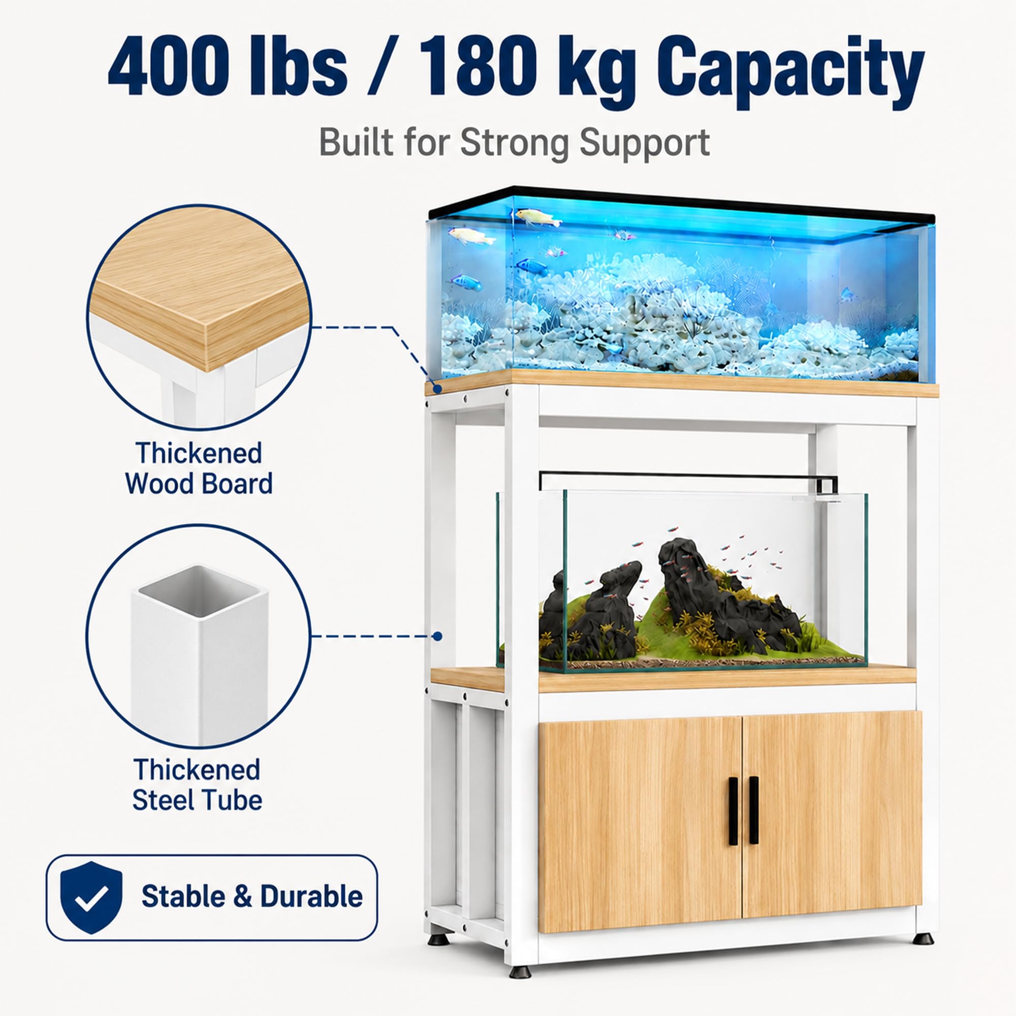 JSWHYBD Mueble para Acuario 76L ~ 110L, Soporte Robusto con Gabinete | Mesa de Doble Nivel para Terrario, Tortugas y Vivario, Salón, Oficina o Dormitorio(B)