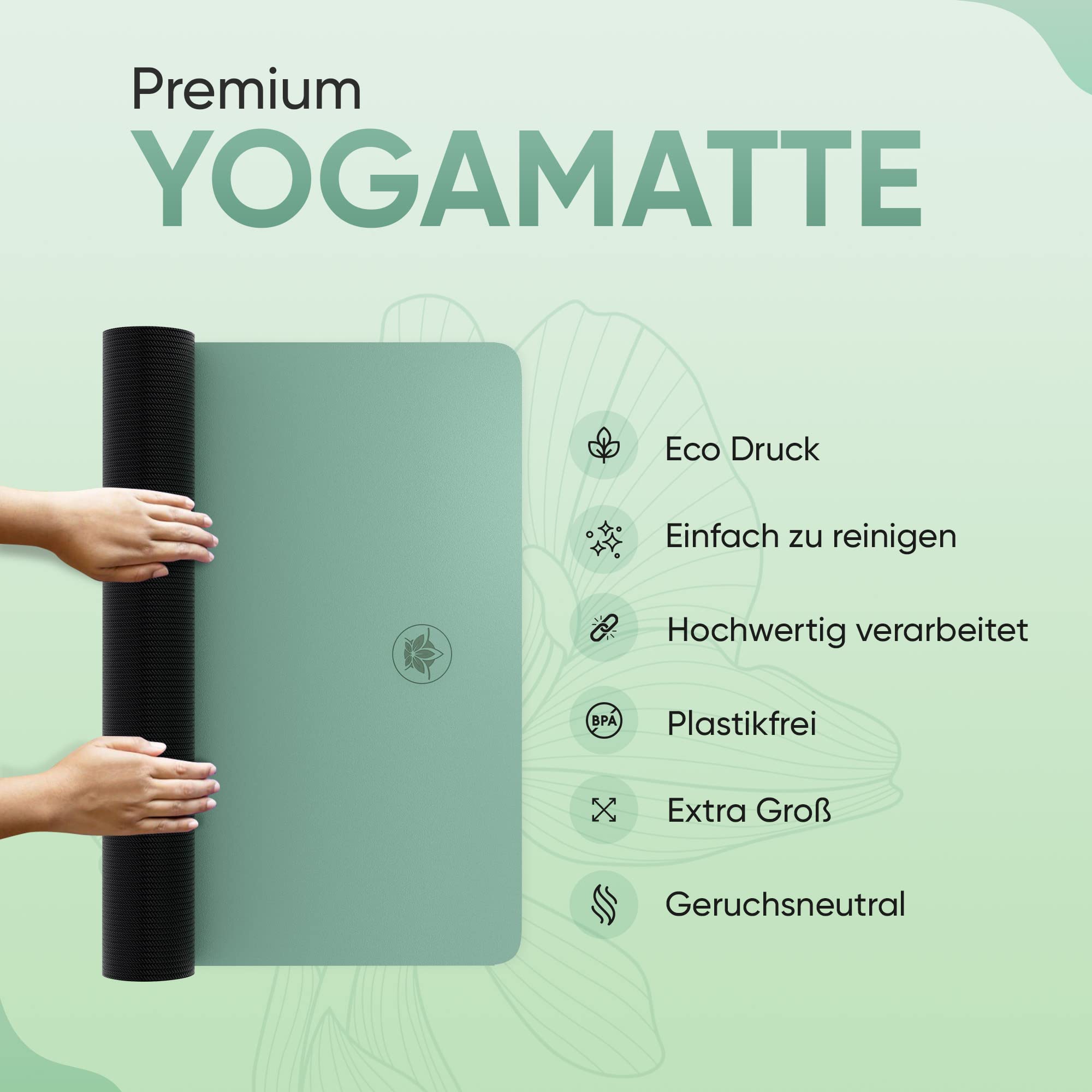 Premium Yoga-Matte STUDIO 185 x 68 x 0,4cm (extra groß) inkl. Gurt aus ECO PU & Naturkautschuk - Antirutsch-Beschichtung Gymnastik & Pilates-Matte 100% nachhaltig, schadstofffrei