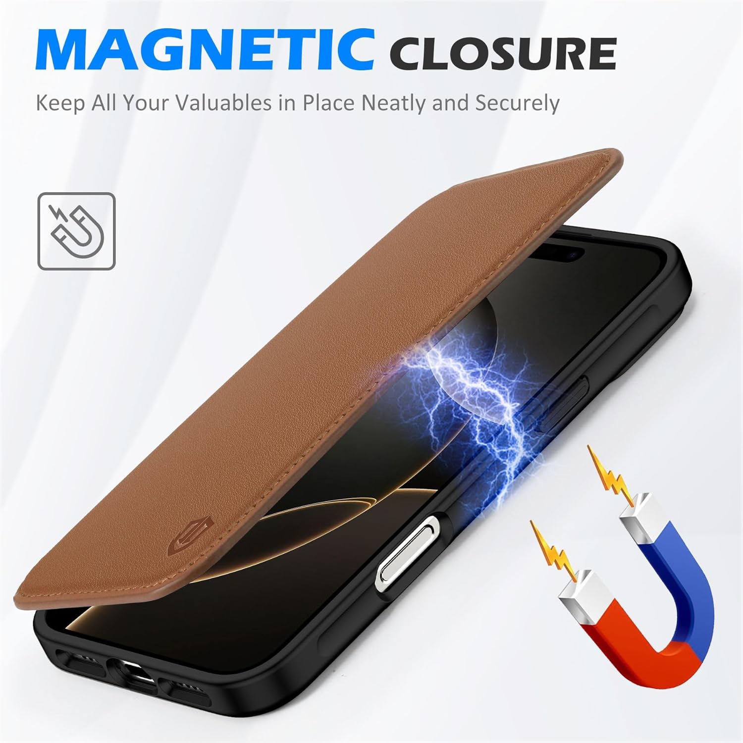 SHIELDON Slim Wallet Case for iPhone 16 Pro Max 6.9", Genuine Leather Slim Folio Magnetic Wireless Charging Card Holder Shock-Absorbent Cover Compatible with iPhone 16 Pro Max - Saddle Brown - Image 6