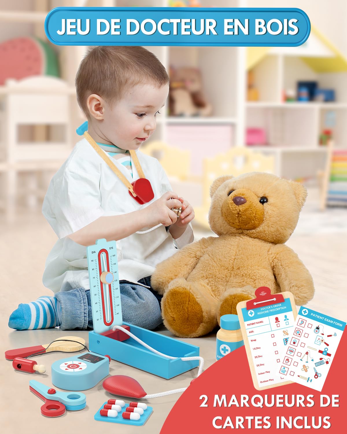 Lehoo Castle Malette Docteur Enfant, Jeux Enfant 3 Ans, Malette Docteur Bois, Déguisement Docteur Enfant, Docteur, Jouet Enfant 3 Ans, Kit de Médecin pour Tout-petits Garçons(Bleu)
