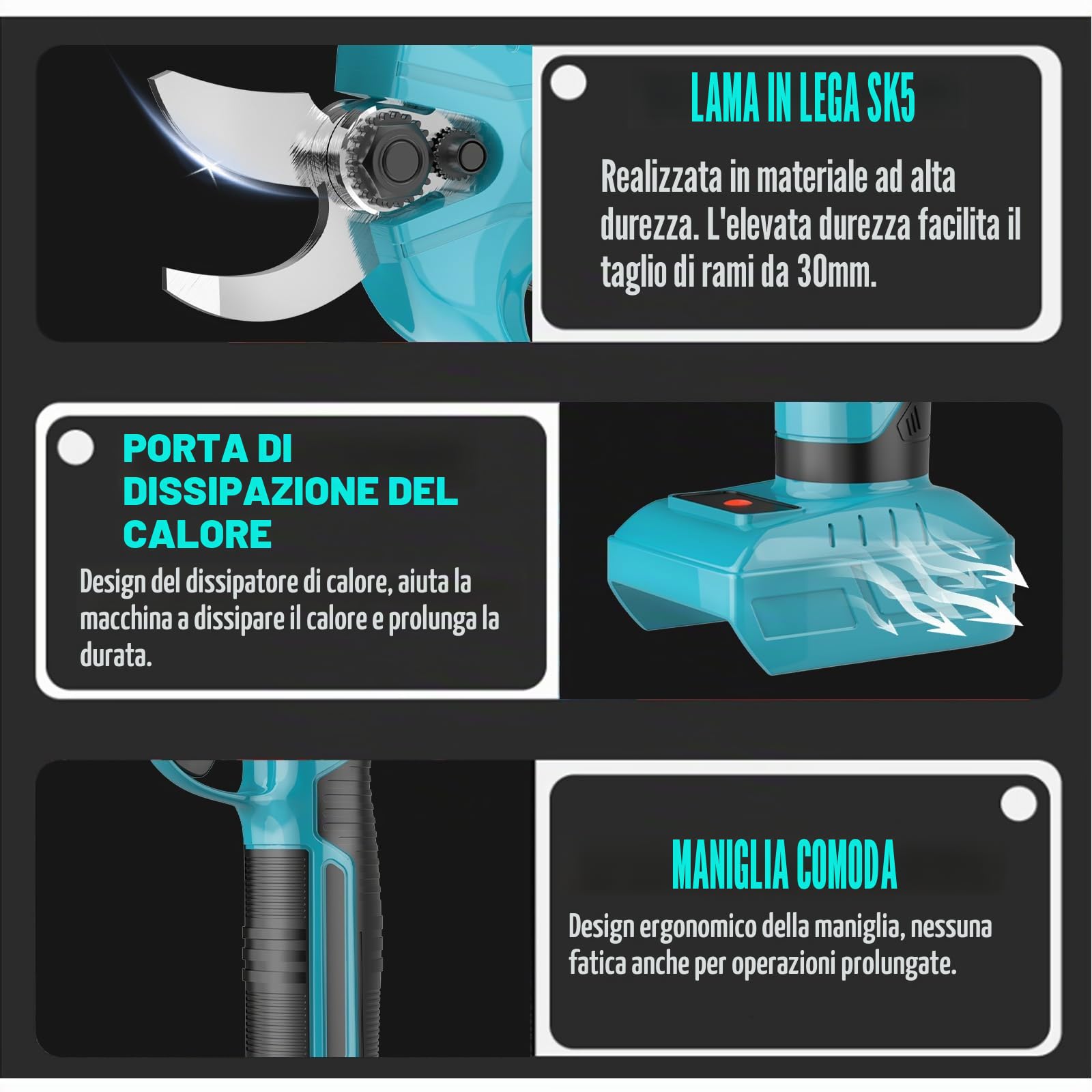 Forbici da potatura elettriche professionali con batteria di ricambio per Makita, forbici da potatura a batteria 2 x 3,0 Ah, diametro massimo di taglio 30 mm, rami con batteria per potatura da