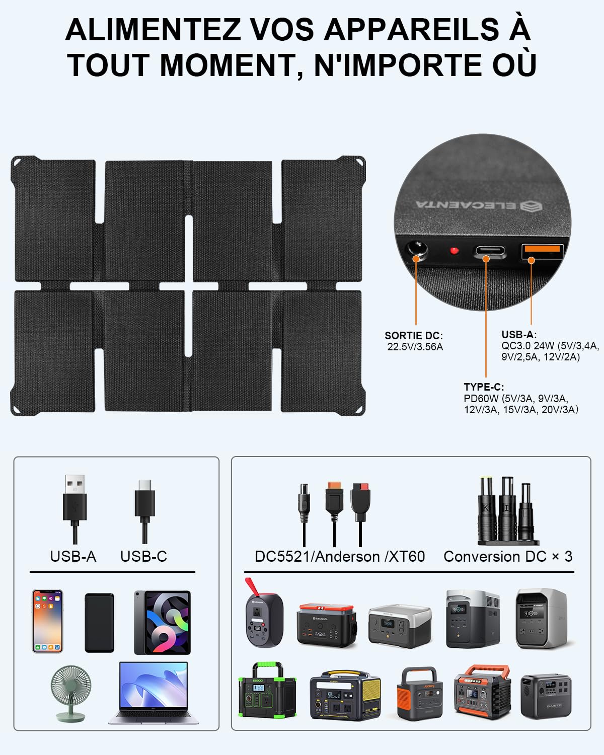 Panneau Solaire Pliable 80W HPBC, USB-C PD60W USB-A QC3.0 DC 1.2kg Voyage | HPBC 25.4% Efficacité, 3 sorties: USB-C PD60W, USB-A QC3.0 24W, DC 22.5V/3.56A, Portable 1.2kg ETFE IP68, Camping Randonnée
