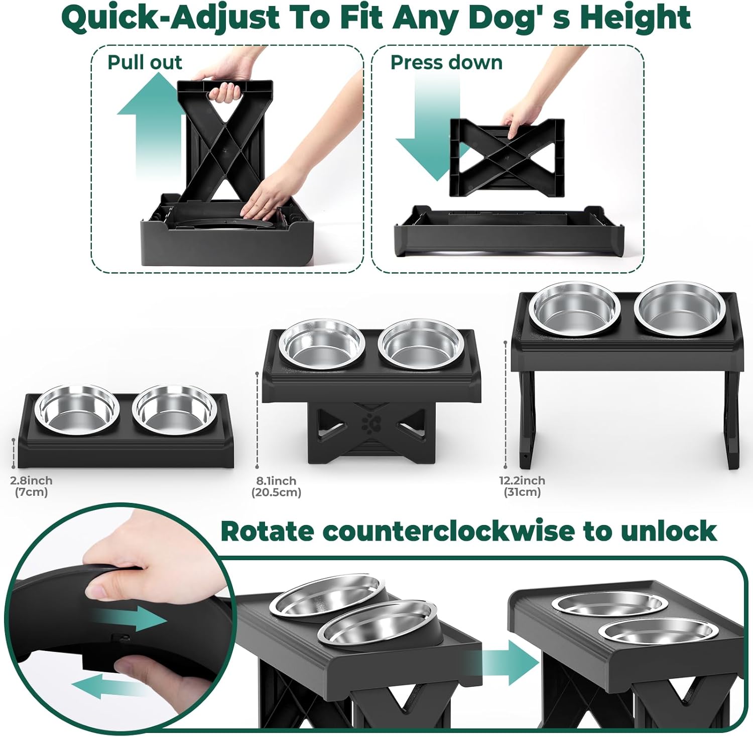 Adjustable Elevated Dog Bowl, 3-Height Stand (2.8, 8.1, 12.2 inch) for Large/Small Dogs, 2 Stainless Steel Bowls, Foldable & Portable Raised Feeder for Travel, Joint Care