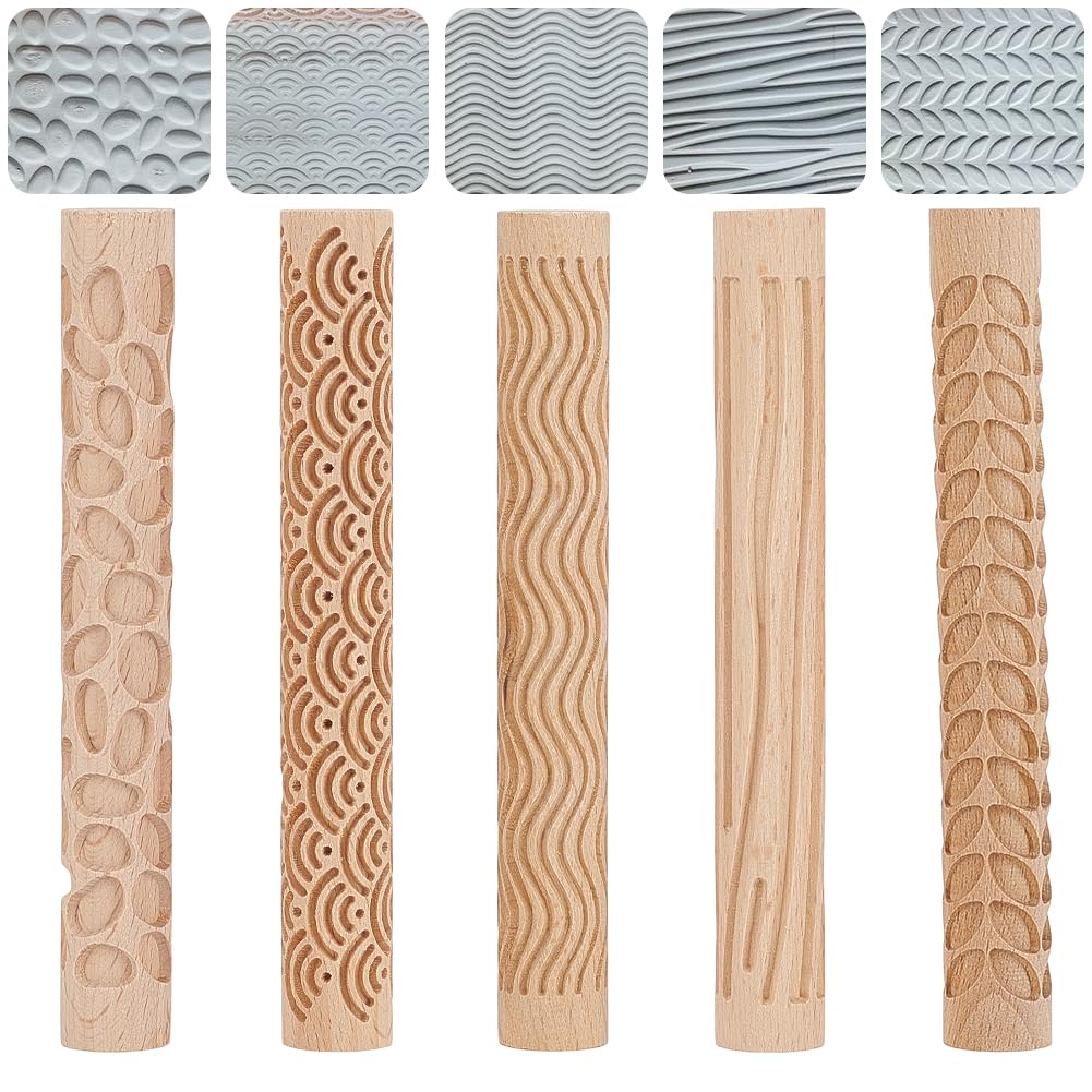arricraft 5 outil de Poterie avec Manche en Bois 5 styles Rouleaux à Motifs Ondulés et Ondulés pour Gaufrage et Modelage D'Argile pour Bricolage Poterie Pâtes Céramique