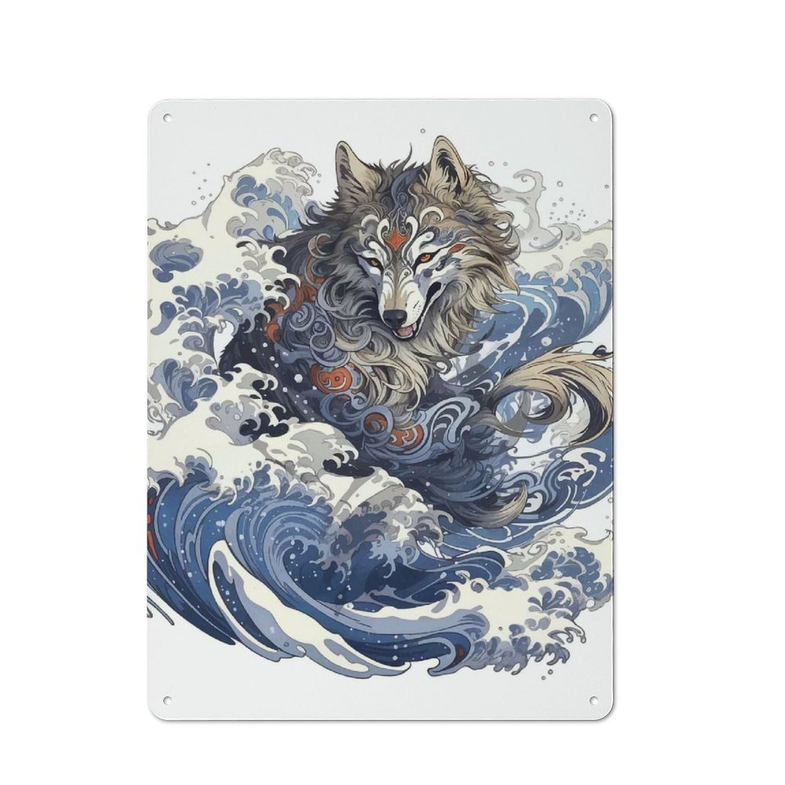 Junmoney Wolf Great Wave Japan Tin Sign With Design 40X30cm, Vintage Shed Wall Decor For Greenhouse, Garden Room, Cafe Or Entryway