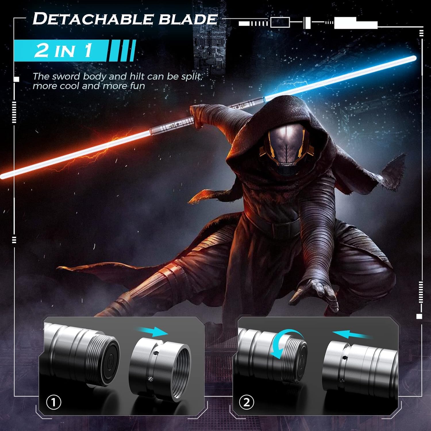 Sabre Lumineux FX, Sabre Lumineux RVB, 7 Couleurs en métal avec différents Sons de Bataille, Batterie de Charge USB pour Cadeaux, Cosplay, fête, Noir