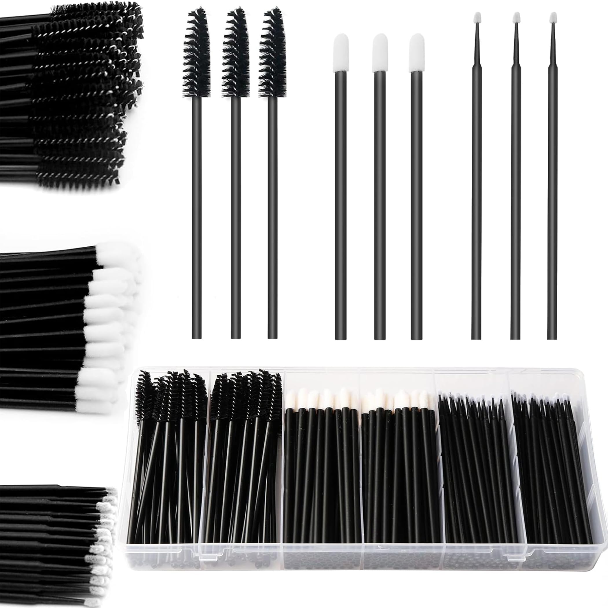 Set di 300 pennelli usa e getta per mascara, applicatori per labbra, 100 micro pennelli + 100 pennelli per ciglia + 100 bacchette per rossetto con scatola organizer nera