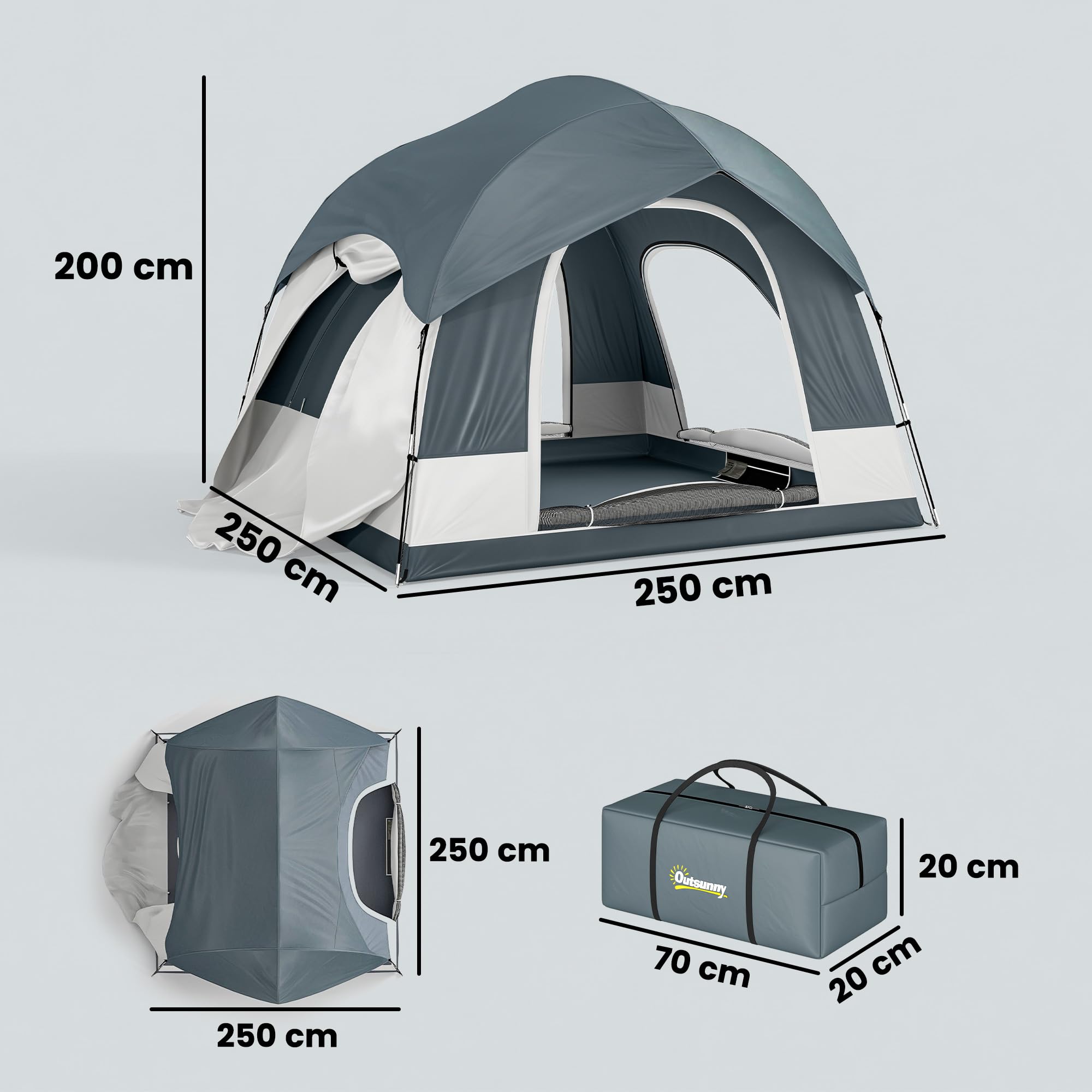 Outsunny Tente de Camping Facile à Monter 2-4 Personnes avec 3 Portes, Imperméable, Compatible avec SUV, avec Double-Toit Amovible, Tapis de Sol et Sac de Transport, Bleu Foncé