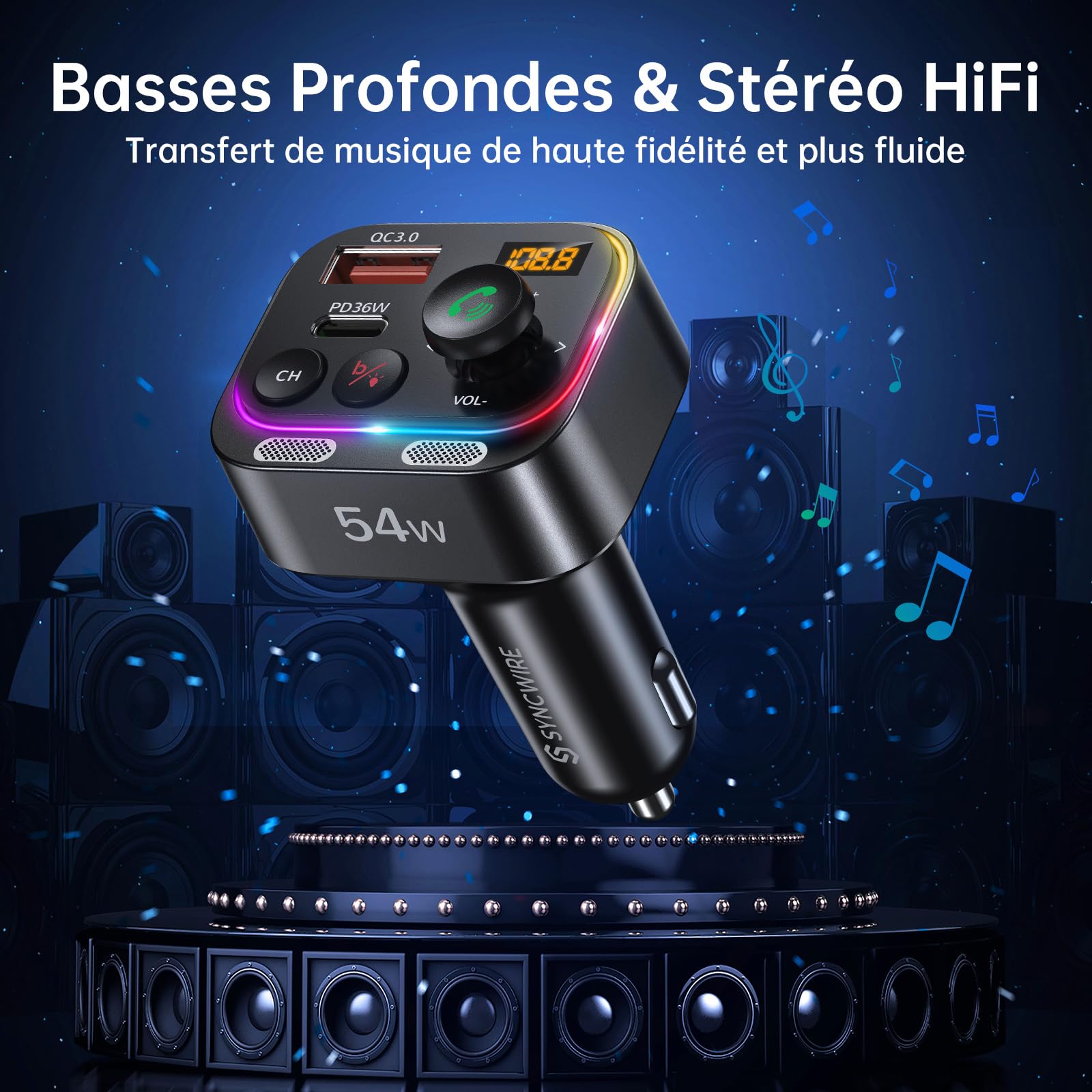Syncwire Transmetteurs FM Bluetooth 5.4-54W PD&QC3.0 Chargeur de Voiture USB C [Charge Rapide] [Micros Doubles & Son Graves HiFi] [Interrupteur Lumineux] Récepteur Radio Appel en Mains-Libres