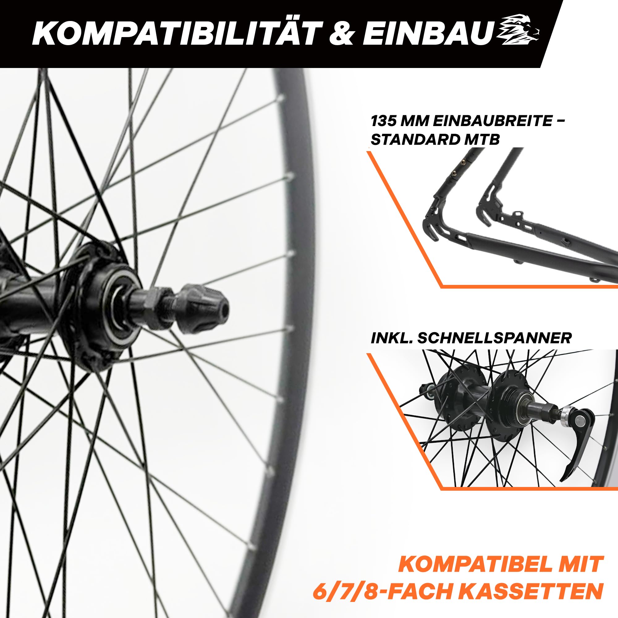 Roue arrière de trekking de 28", couronne de vis 6/7/8 vitesses, axe complet de 135 mm, 9 mm, 36 rayons, jante creuse en aluminium, frein sur jante V-Brake, noir LOEVELOSI