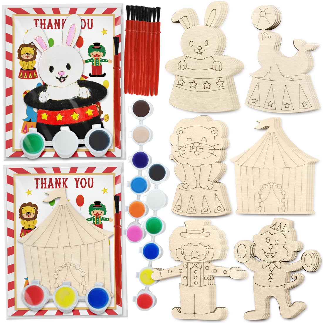 24 Pcs Circus Unfinished Wood Cutout Craft kits Circus Theme Party Decorations Carnival Party Favors Return Gifts for Birthday Party
