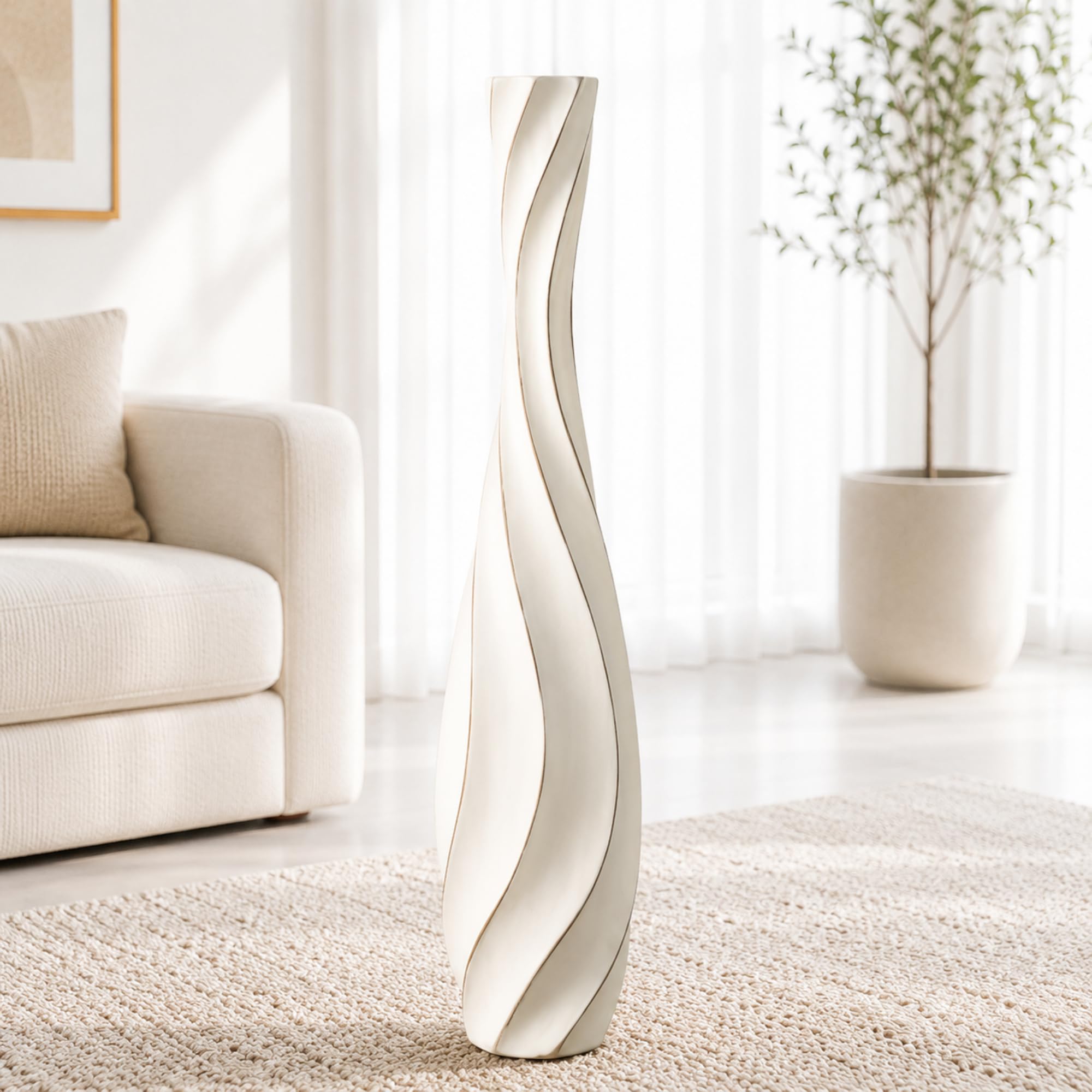 Leewadee White Wash Tall Floor Vase 65 Cm - Polyresin Decor Vase For Living Room, Pampas Grass & Dried Flowers
