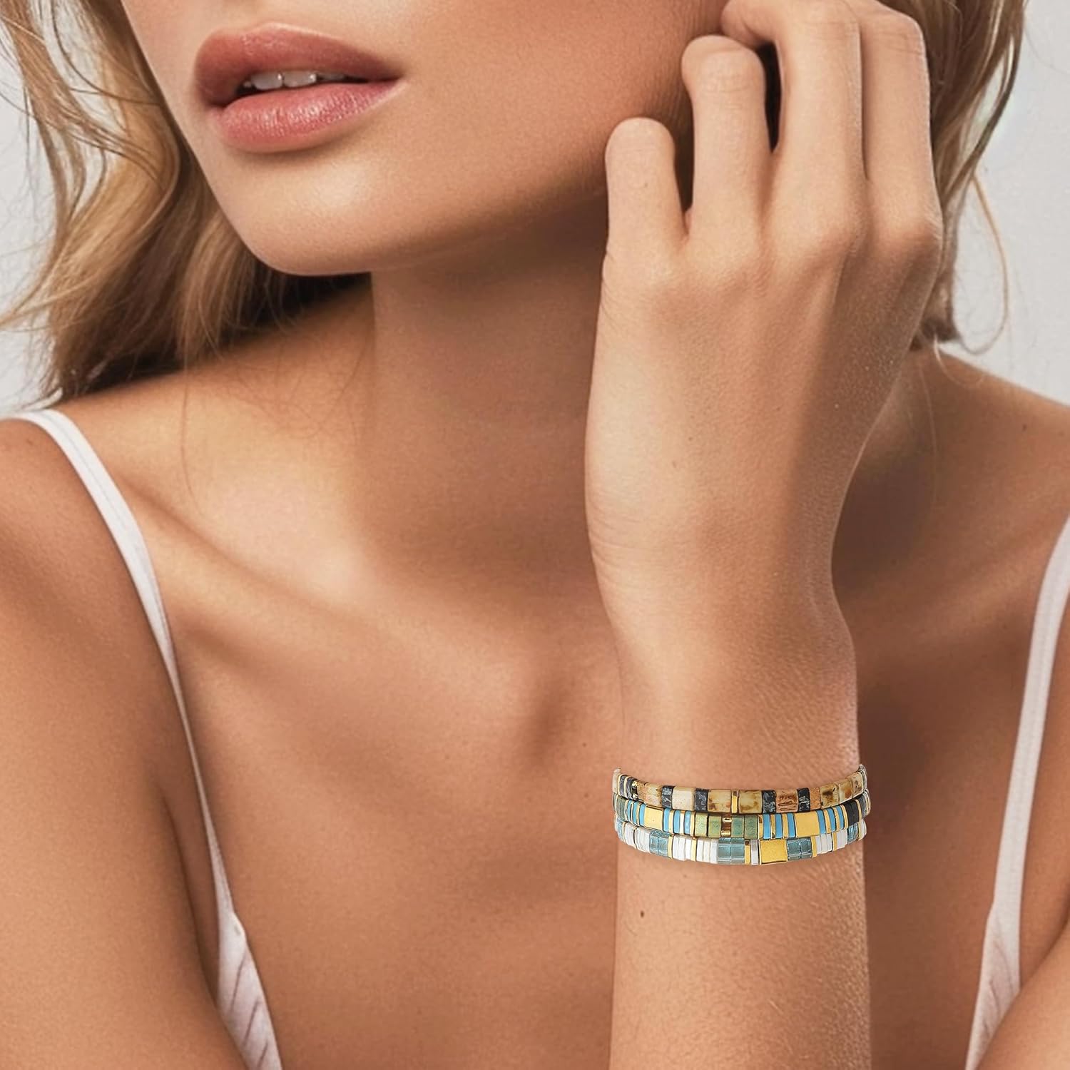 Sonateomber Tila Flat Beaded Stretch Bracelets for Women, Trendy Unique Handmade Stackable Gold Beige Square Beads Miyuk Link Bracelet Summer Jewelry Gift - Image 2