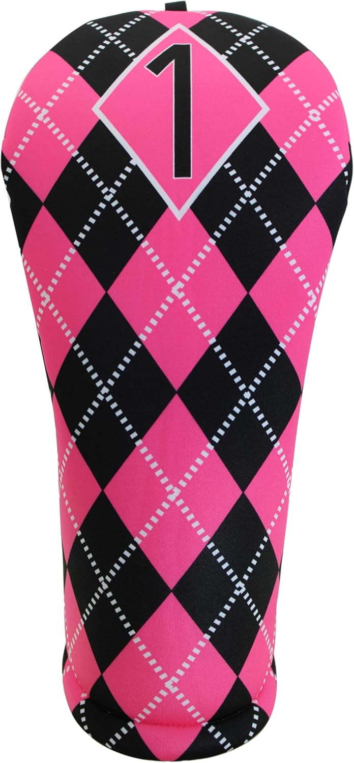 Golf Club Headcovers | Women’s Argyle Hot Pink and Black | 3 Separate Sizes: Driver-Fits up to Large 460cc, Fairway, Hybrid | Handmade in USA | 100% Machine Washable
